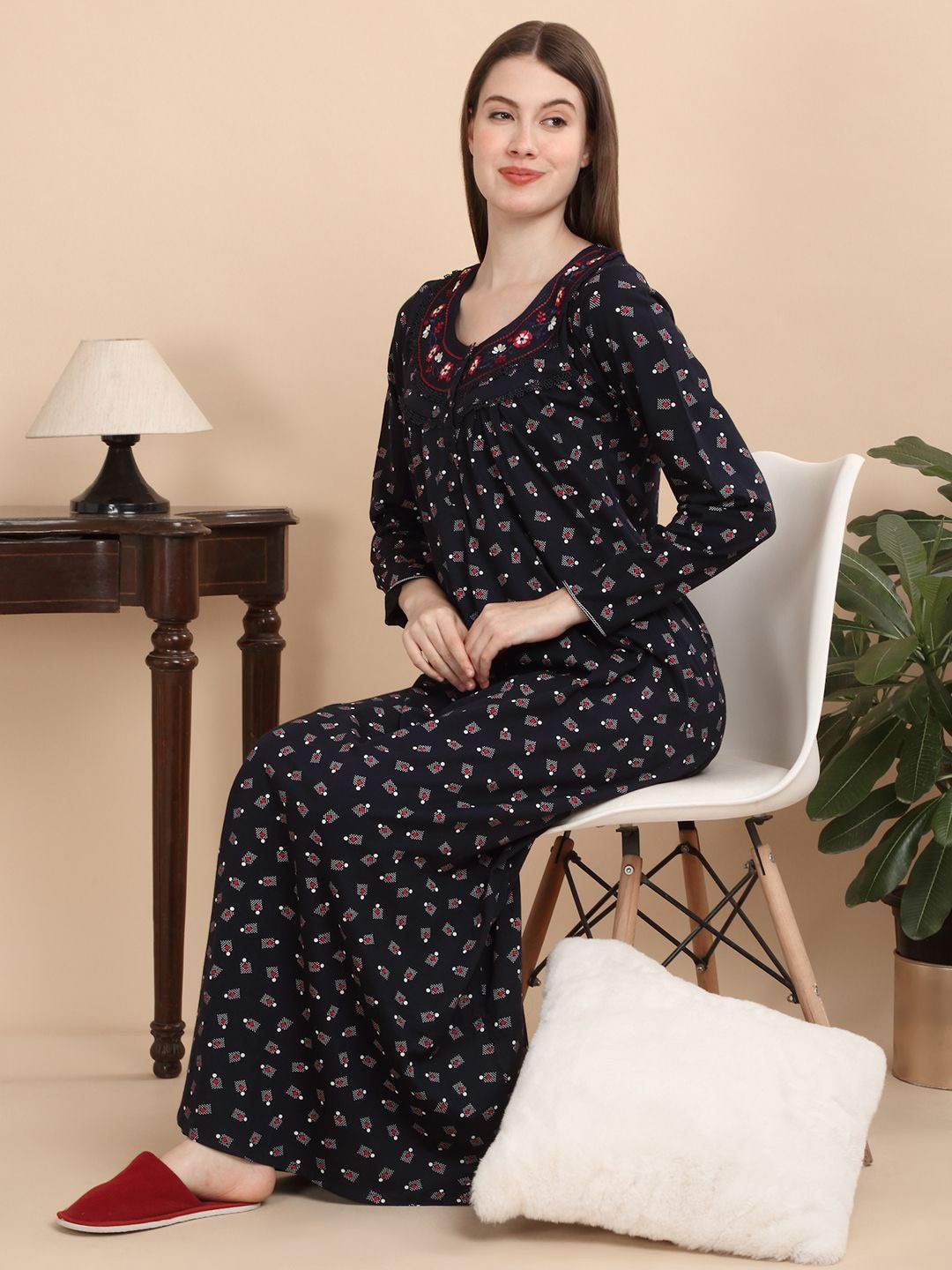 

Sweet Dreams Women Printed Pure Cotton Maxi Nightdress, Navy blue