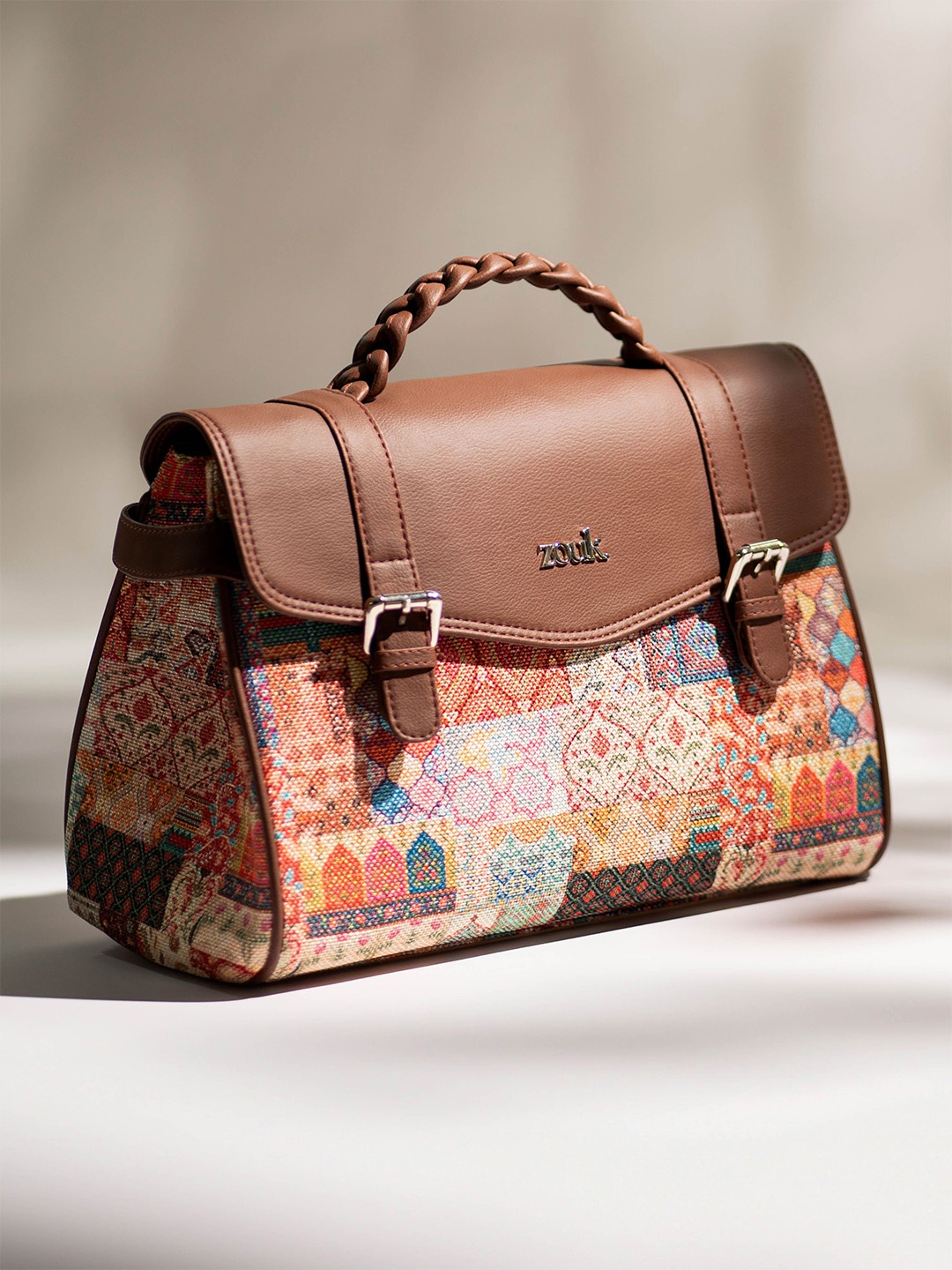 

ZOUK Women Ethnic Motifs Printed Satchel Bag, Brown