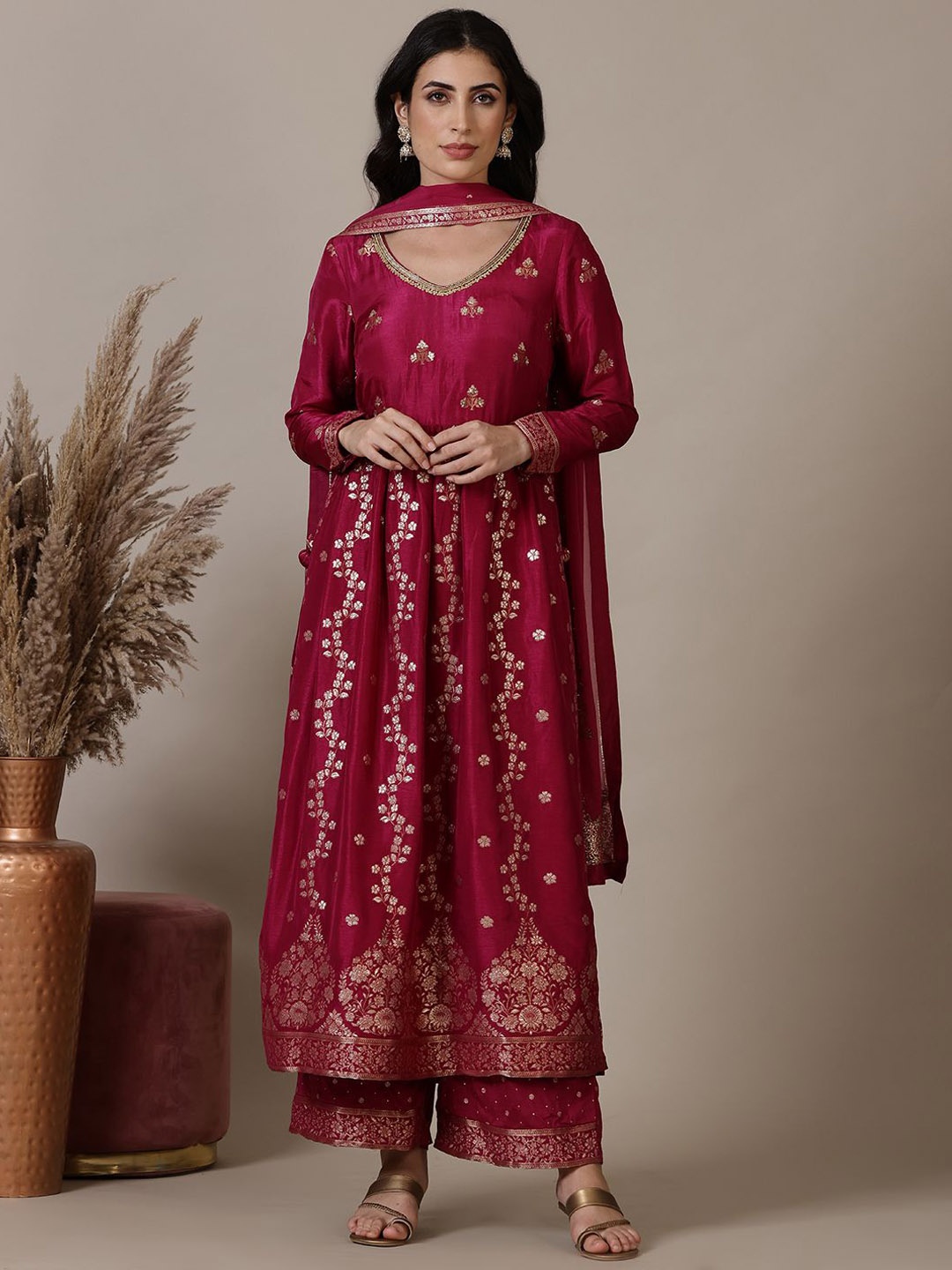 

AURELIA Floral Self Design Beads and Stones A-Line Kurta with Palazzo & Dupatta, Magenta