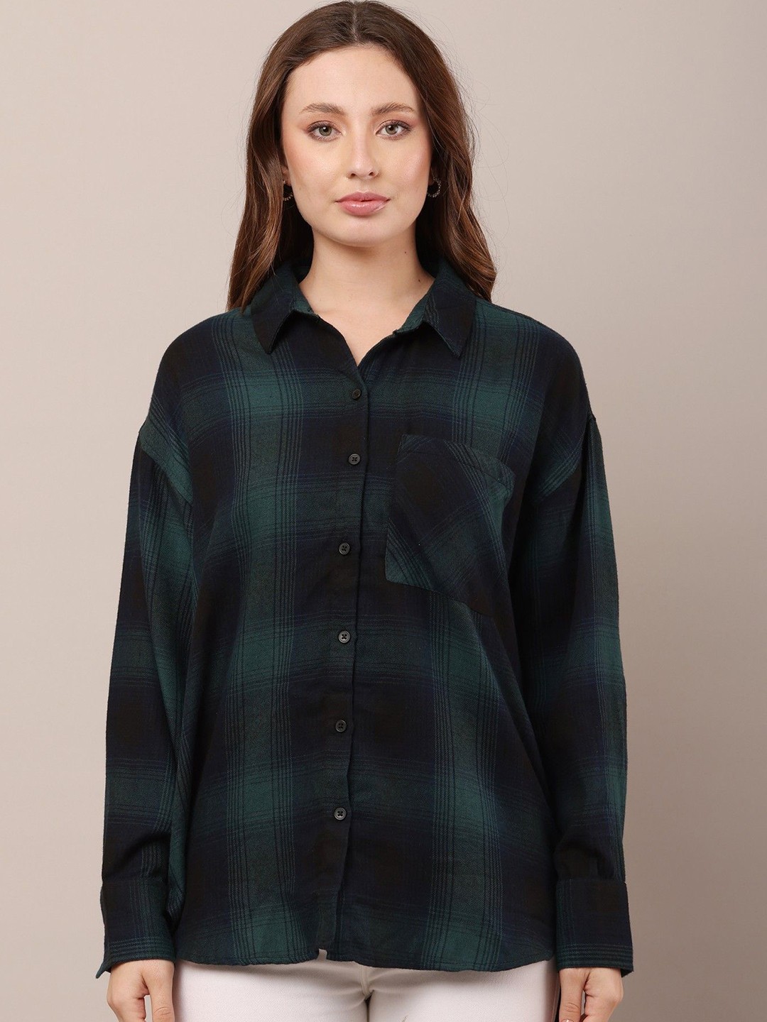 

NoBarr Women Classic Spread Collar Tartan Checked Casual Shirt, Green