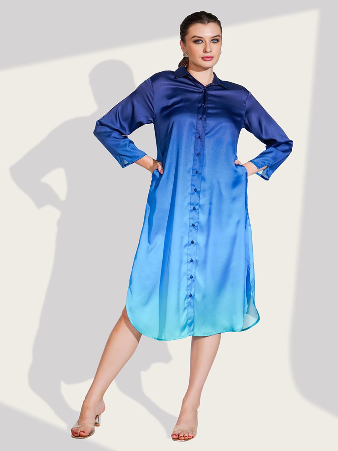 

Dora Dori Women Print Slit Sleeve Satin Shirt Midi Dress, Blue