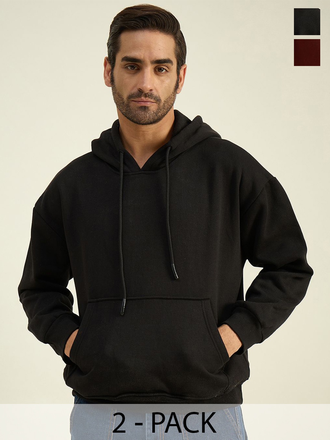 

COLOR CAPITAL Unisex Pack Of 2 Solid Hood Cotton Pullover Sweatshirts, Black
