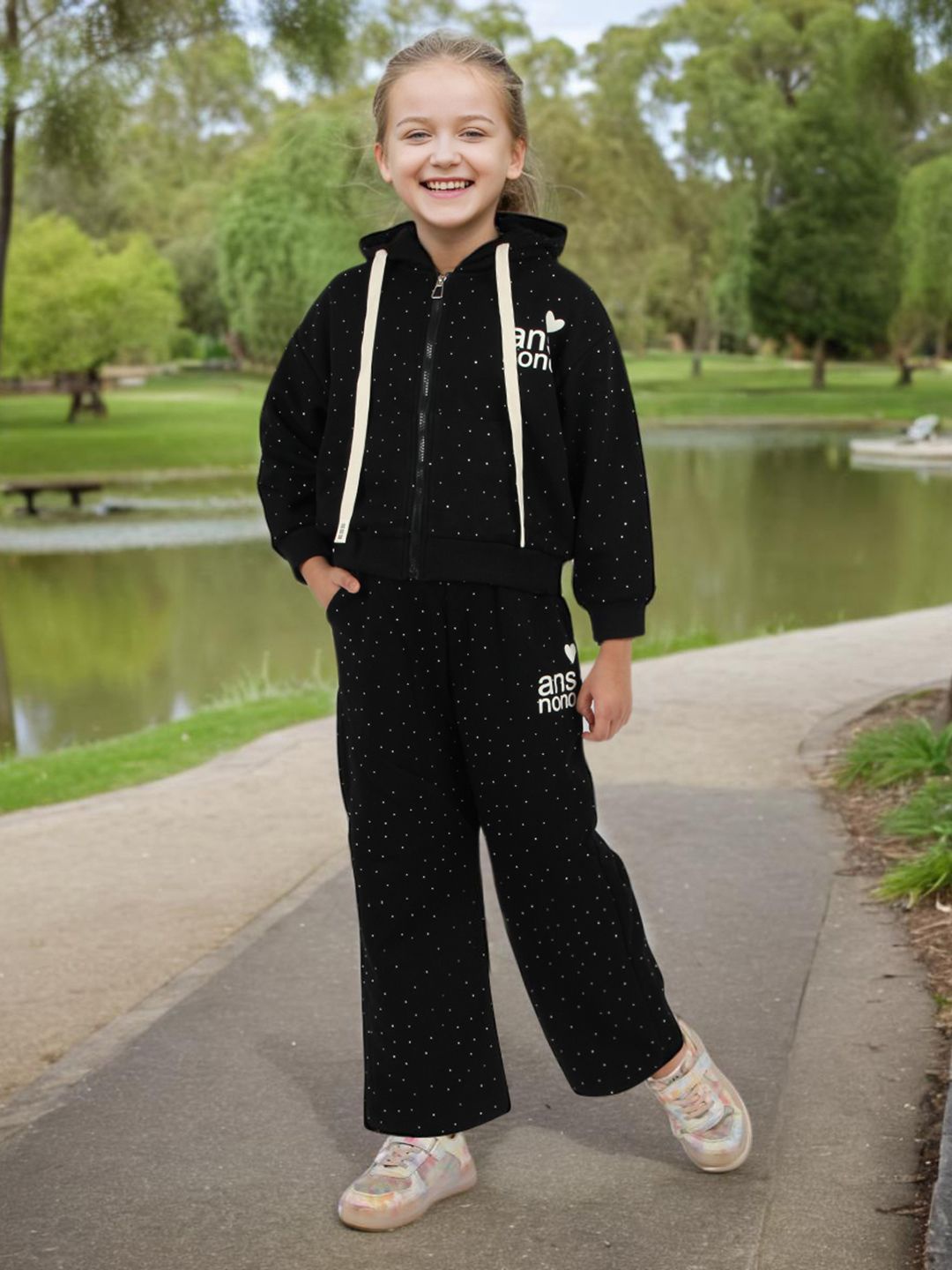 

INCLUD Girls Printed Hooded Jacket with Vest & Pants Set, Black