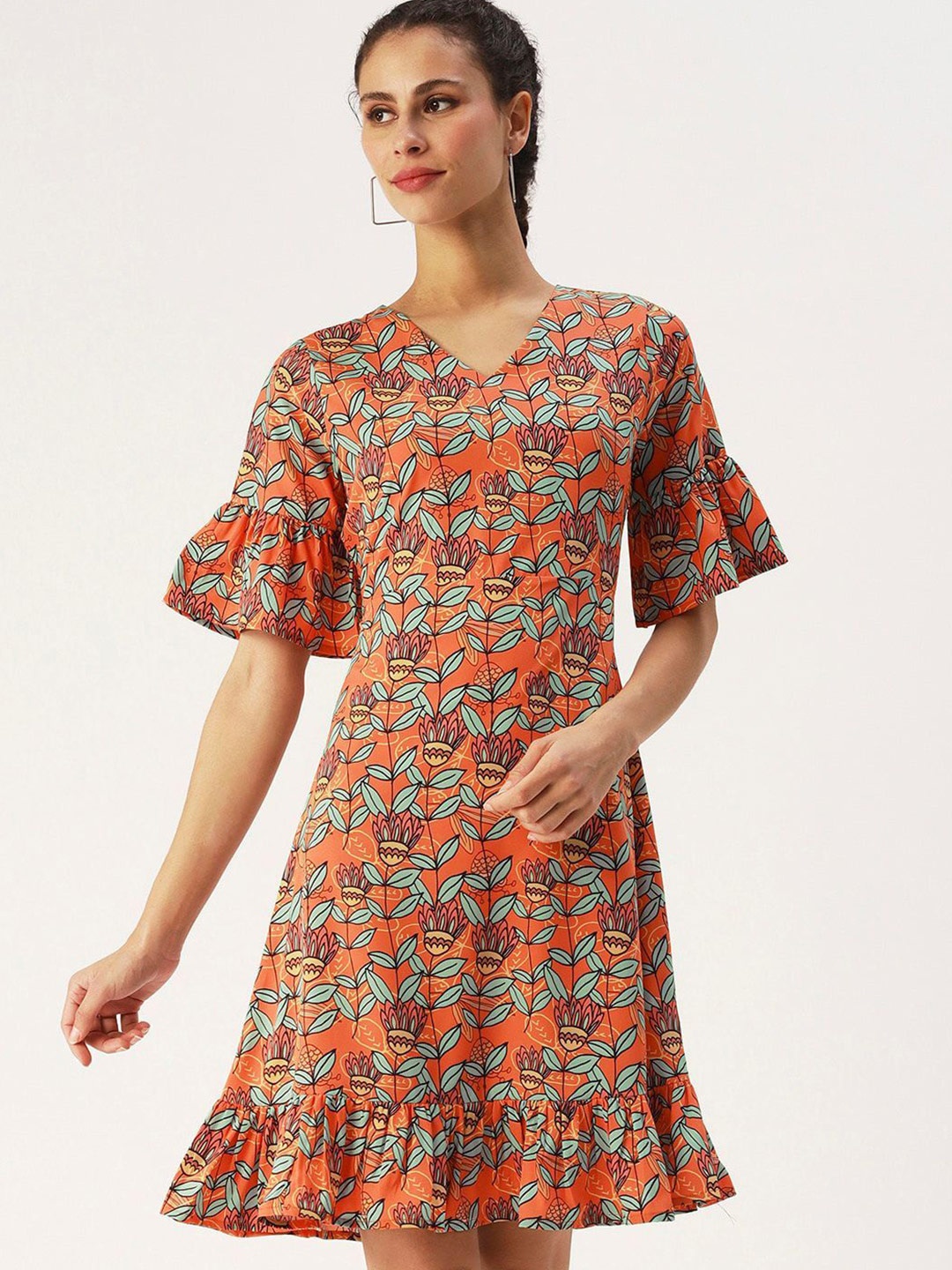 

DressBerry Glam Women Print Flared Sleeve A-Line Dress, Orange