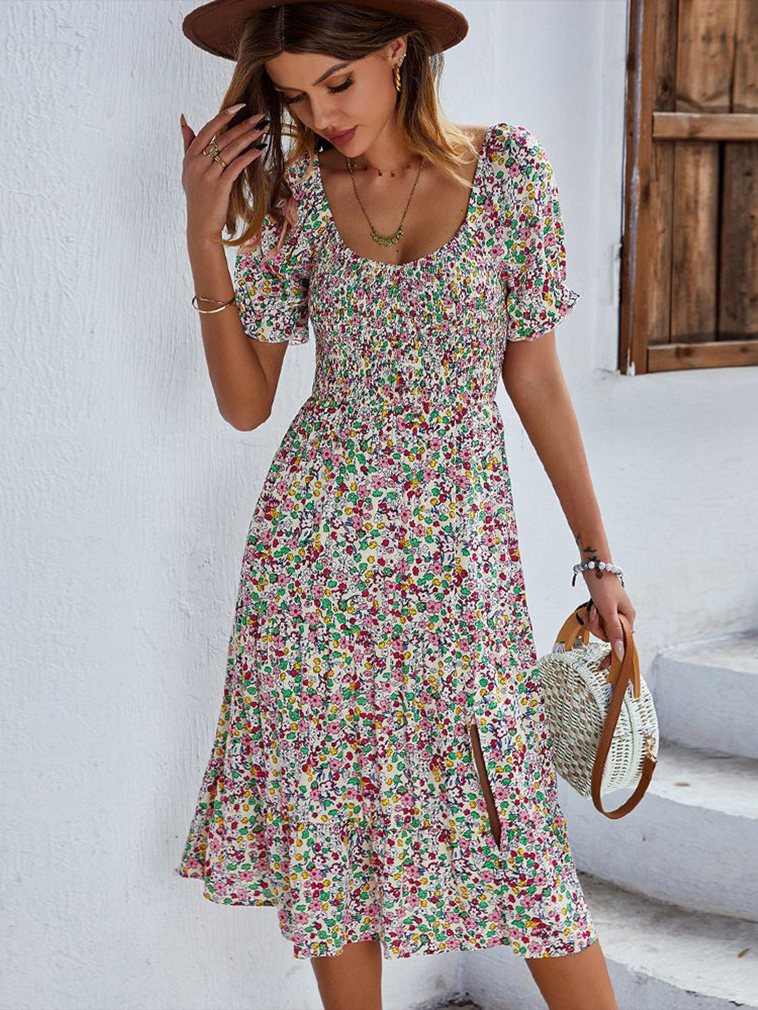 

StyleCast Women Floral Print Puff Sleeve Fit and Flare Midi Dress, White
