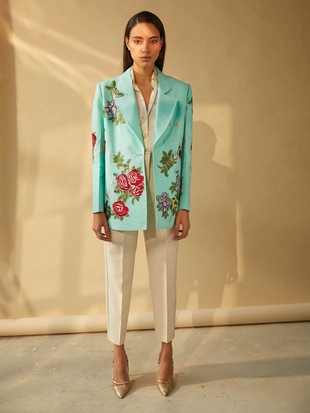 

BETRUE Women Floral Longline Open Front Linen Jacket with Embroidered, Turquoise blue