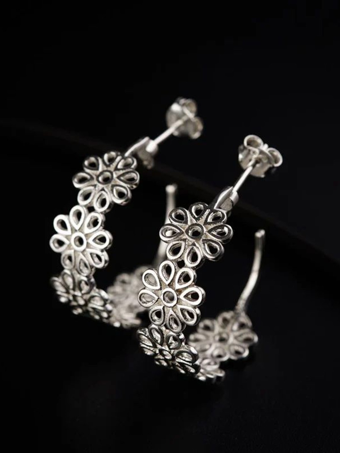 

House of Aadyaa 92.5 Sterling Silver Oxidised Floral Hoop Earrings