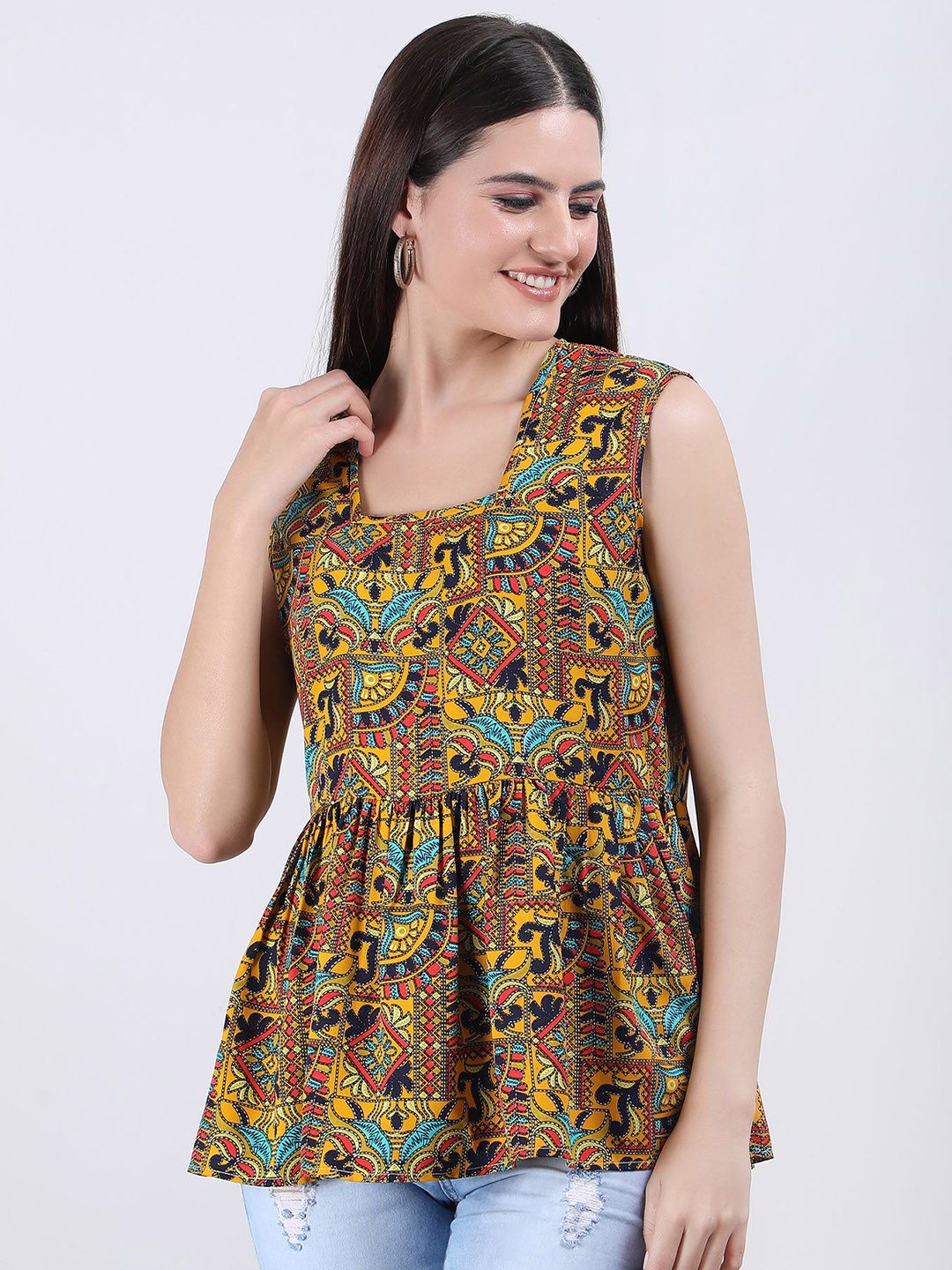 

VAPPSYAM Women Floral Printed Square Neck Top, Yellow