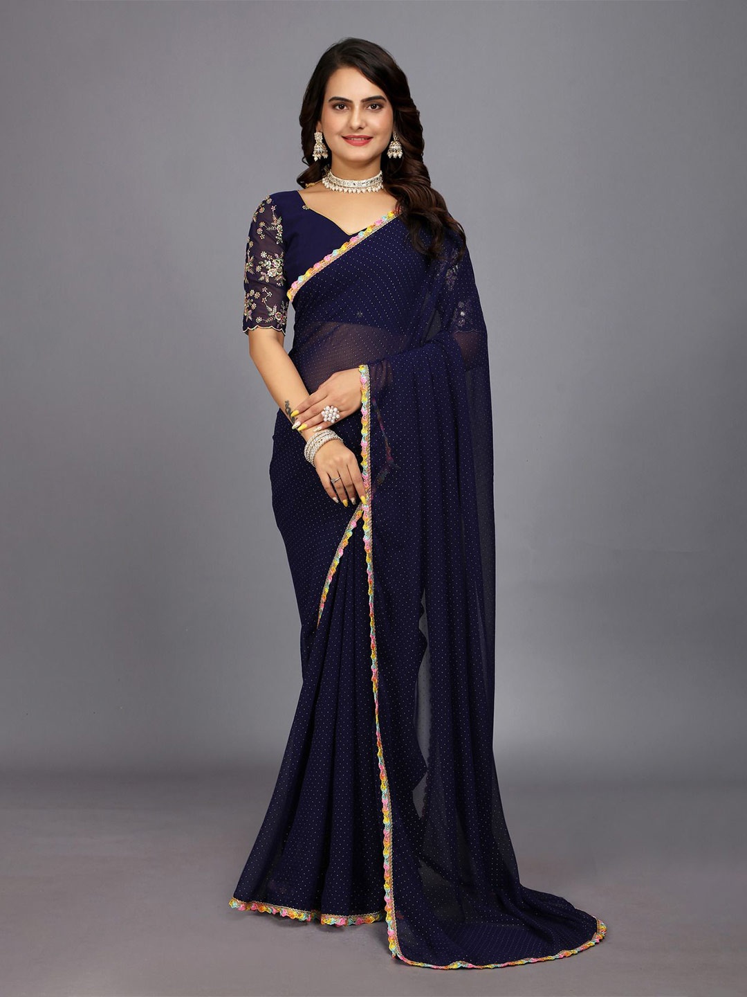 

Aardiva Embellished Mukaish Work Embroidered Border Party Wear Saree, Blue