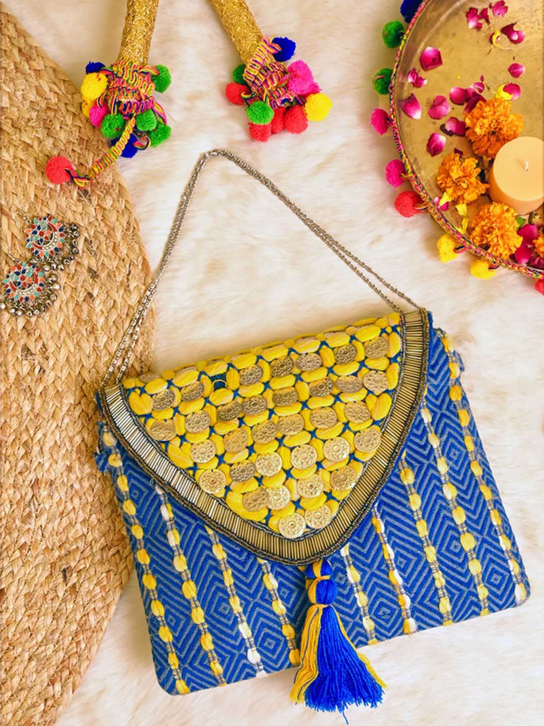

BohoGirl Women Embellished Geometric Embroidered Navratri Sling Bag, Blue
