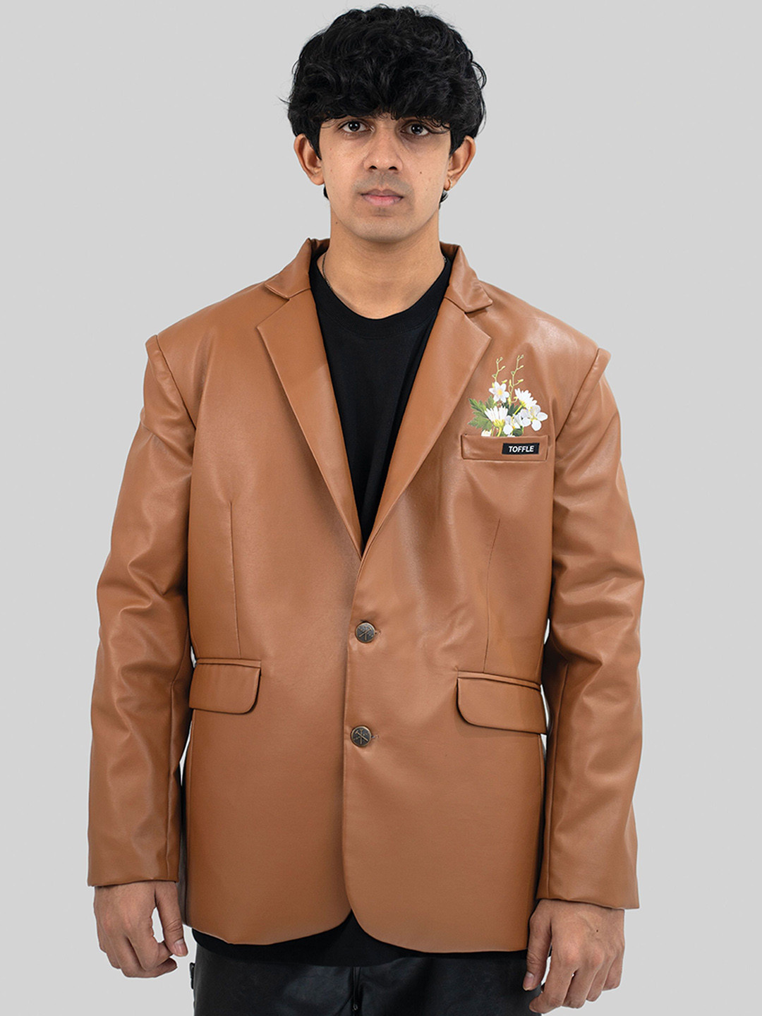 

TOFFLE Unisex Lapel Collar Typography Printed Leather Casual Leather Jacket, Brown