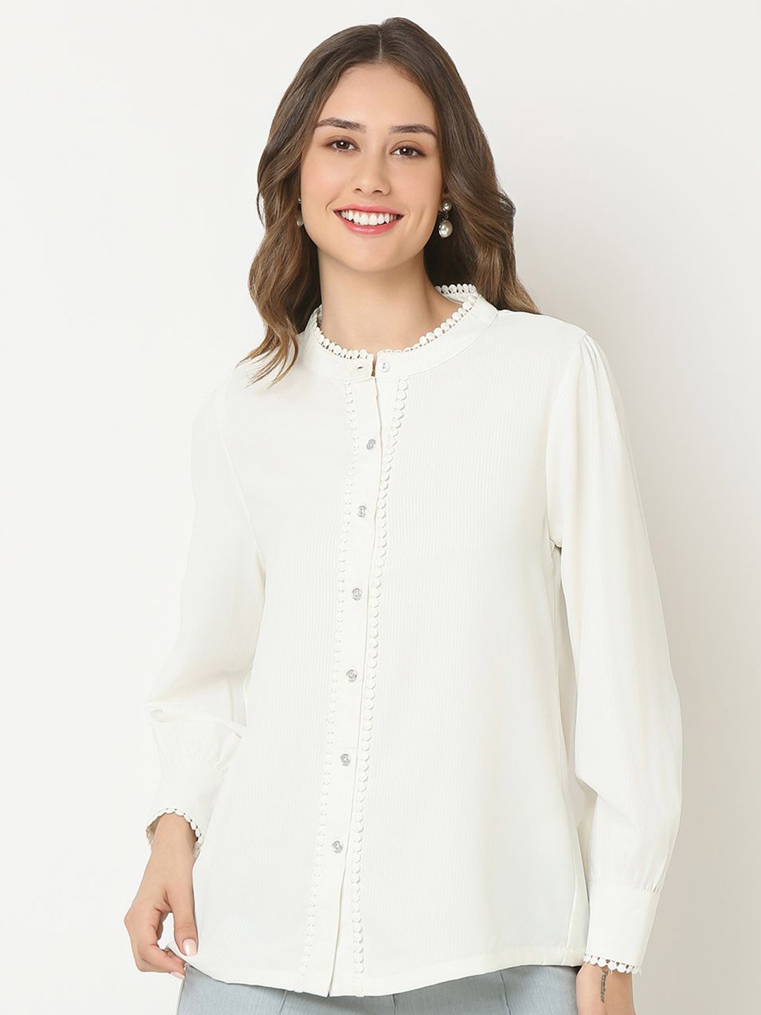 

NOT SO PINK Women Premium Mandarin Collar Solid Cotton Formal Shirt, White