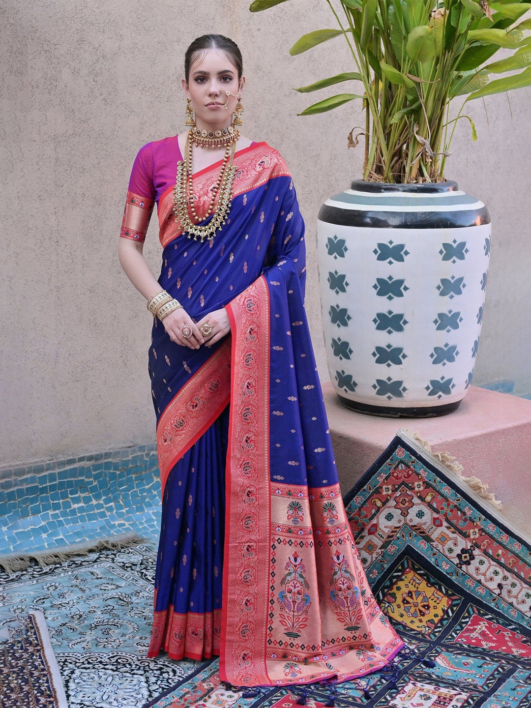 

MySilkLove Woven Design Zari Paithani Saree, Navy blue