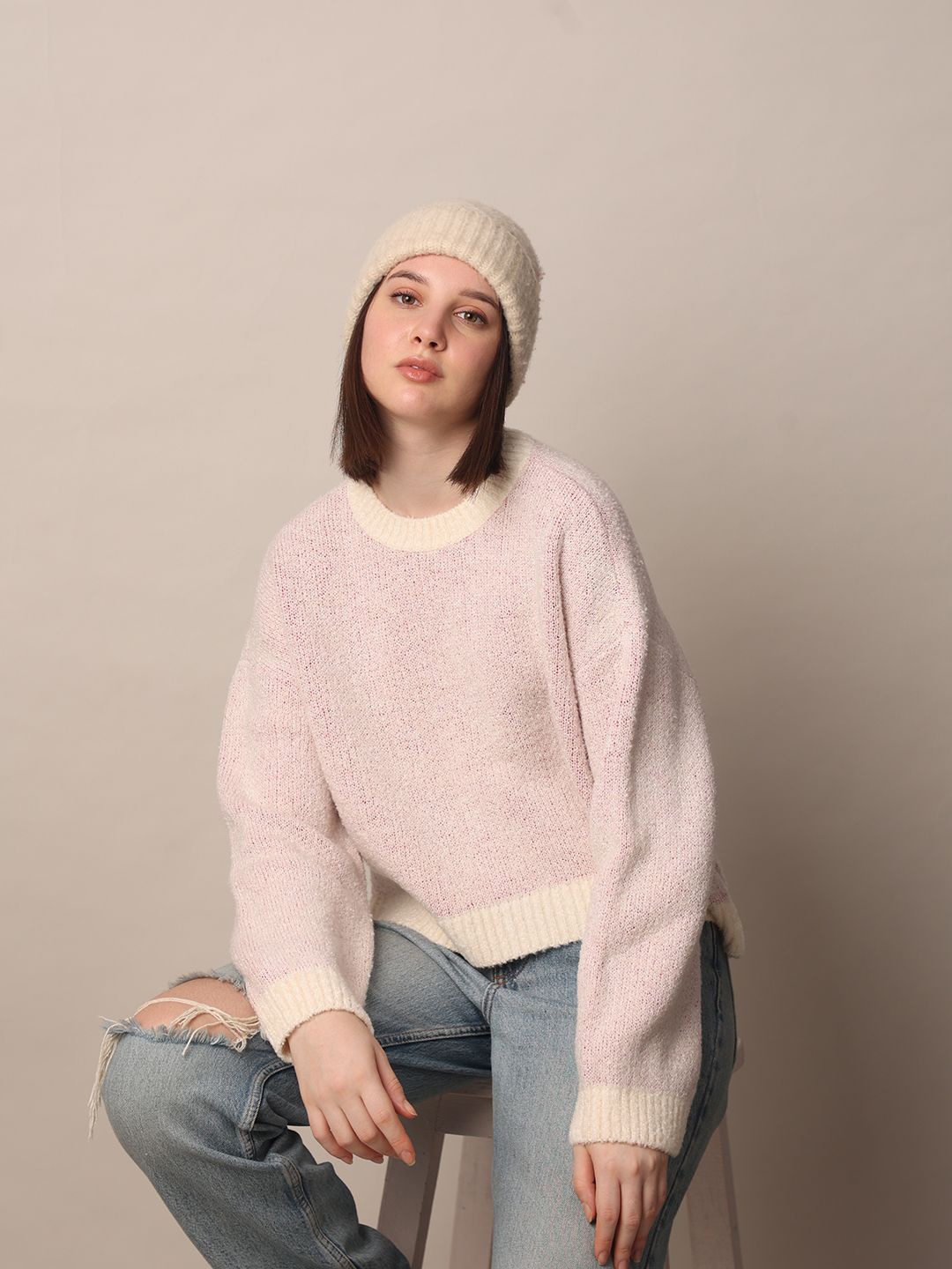 

ONLY Women Self Design Pullover Round Neck Sweater, Pink