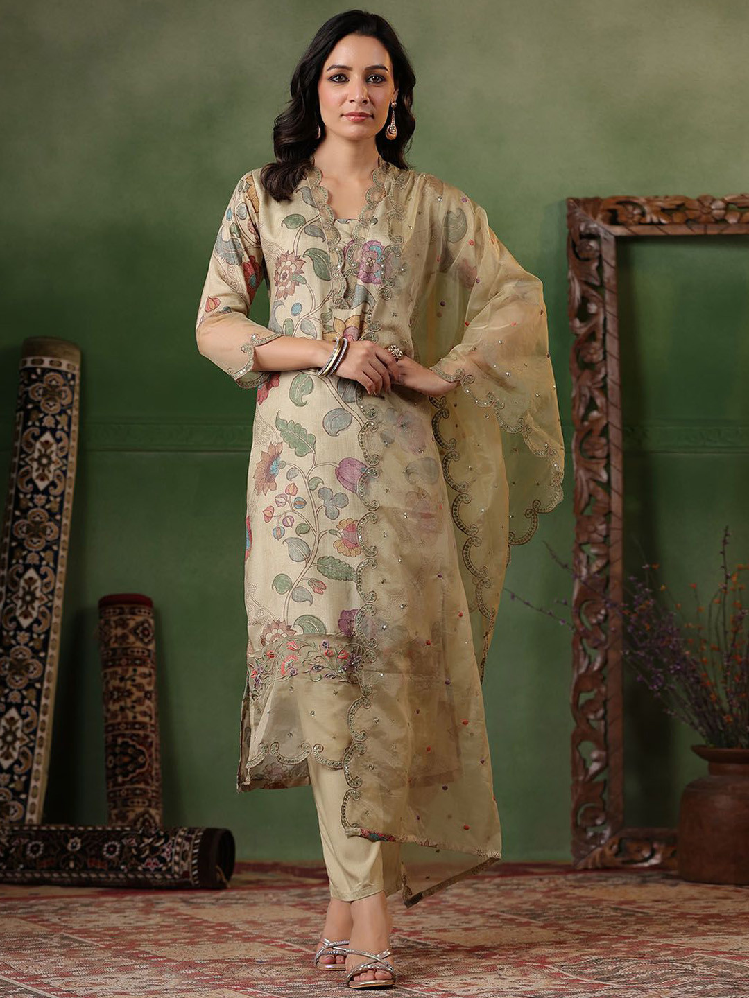 

Meena Bazaar Floral Printed Sequinned Kurta with Trousers & Dupatta, Beige