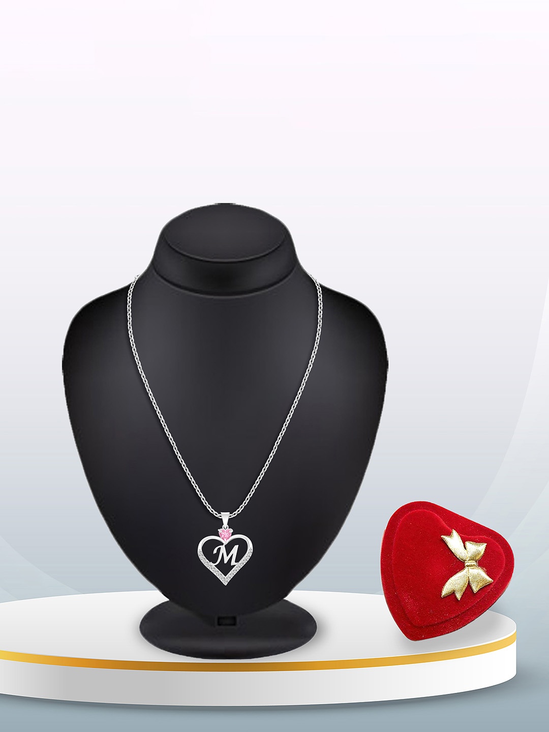 

Heer Collection Silver-Plated CZ Studded Alphabet 'M' Heart Shaped Pendant & Chain