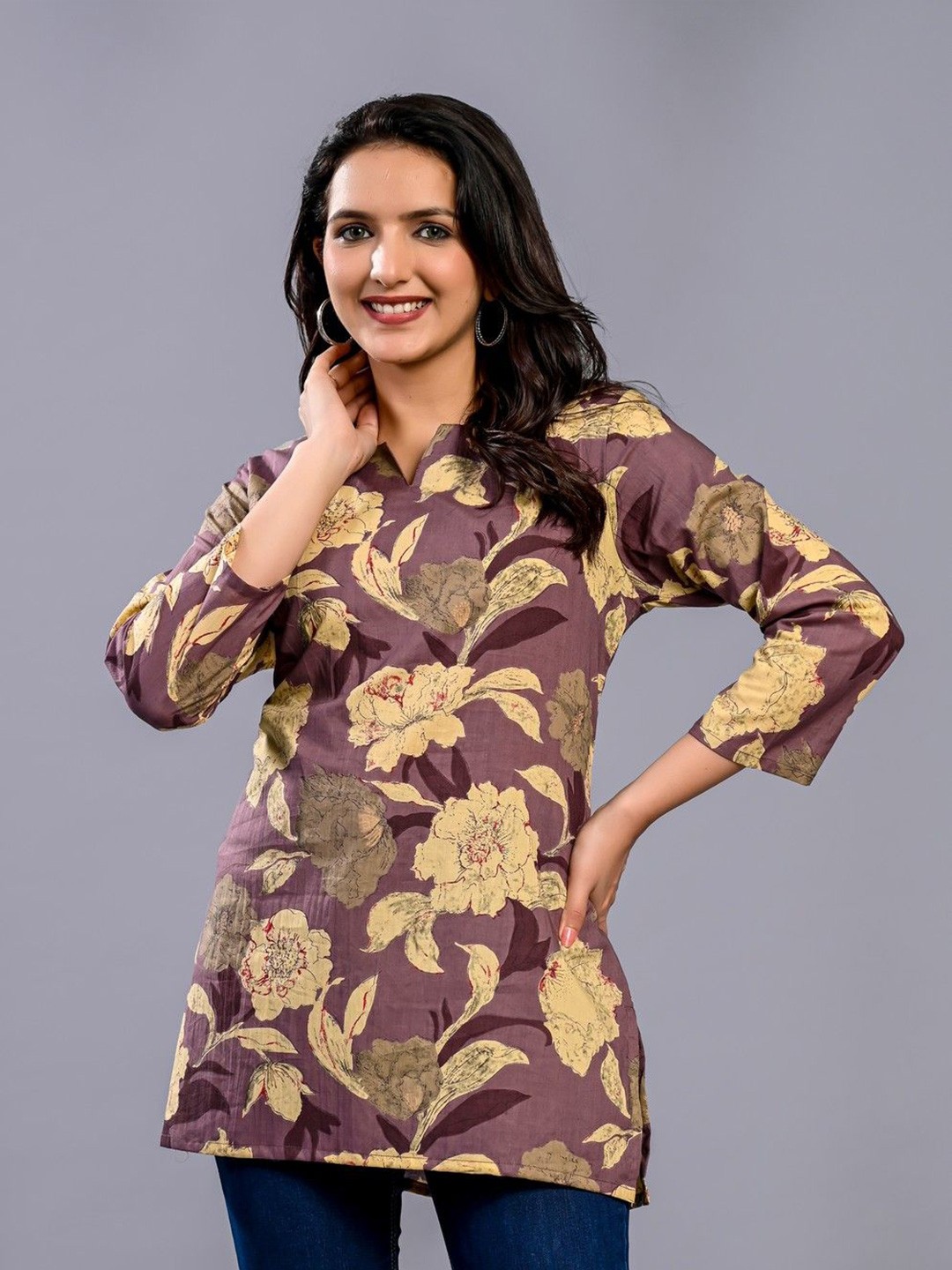 

PIDAVLIYA'S Women Floral Printed Cotton Kurti, Brown