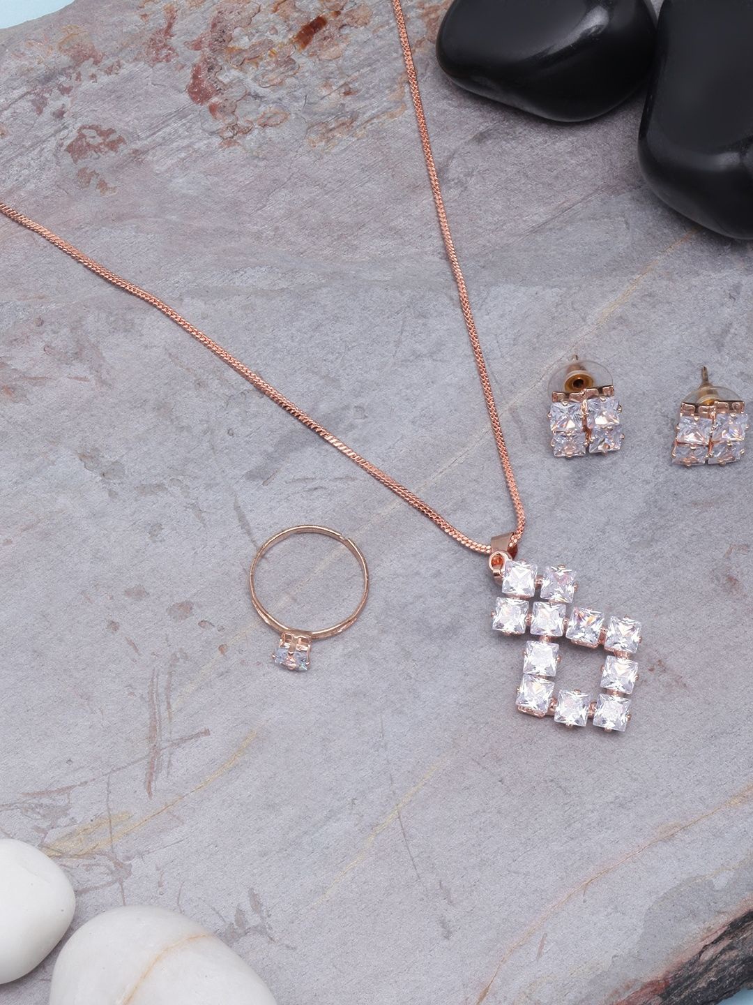 

KPOP Rose Gold-Plated Stone Studded Necklace & Earrings With Finger Ring