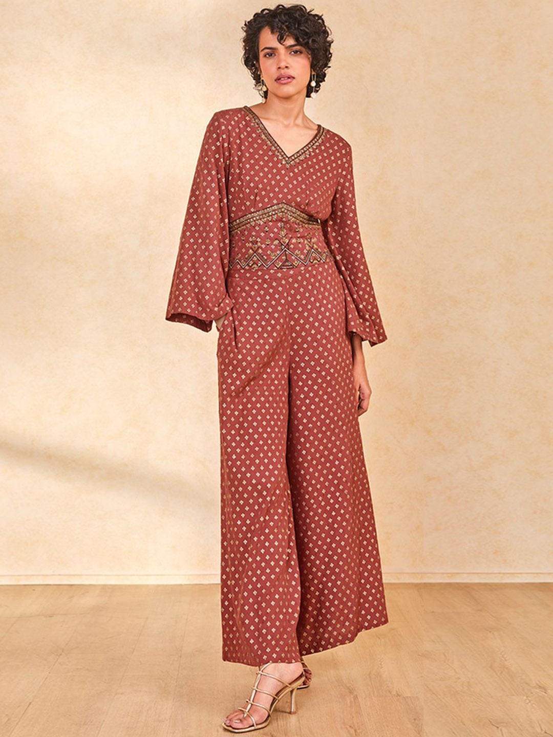 

Global Desi Polka Dot Printed Top With Palazzos, Rust