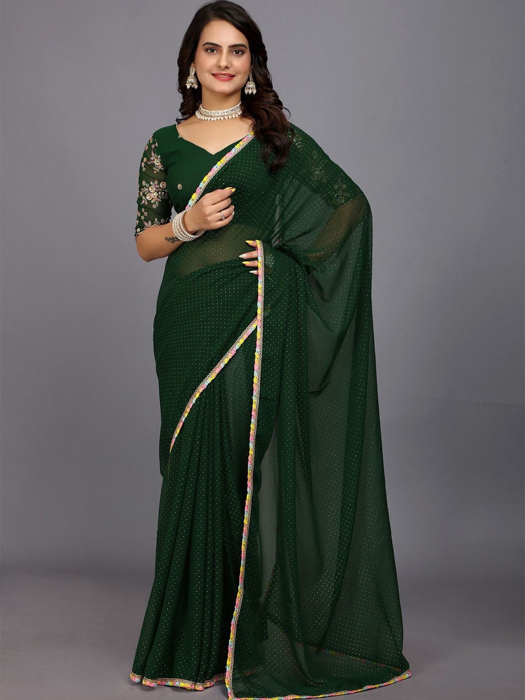 

Aardiva Polka Dot Embellished Saree, Green