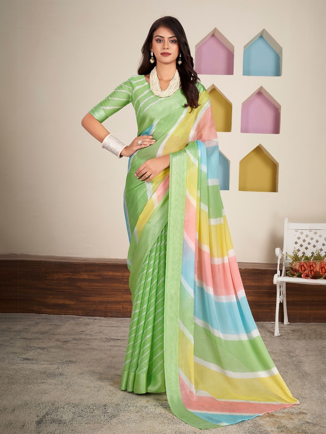 

MySilkLove Striped Print Satin Daily Wear Saree, Green