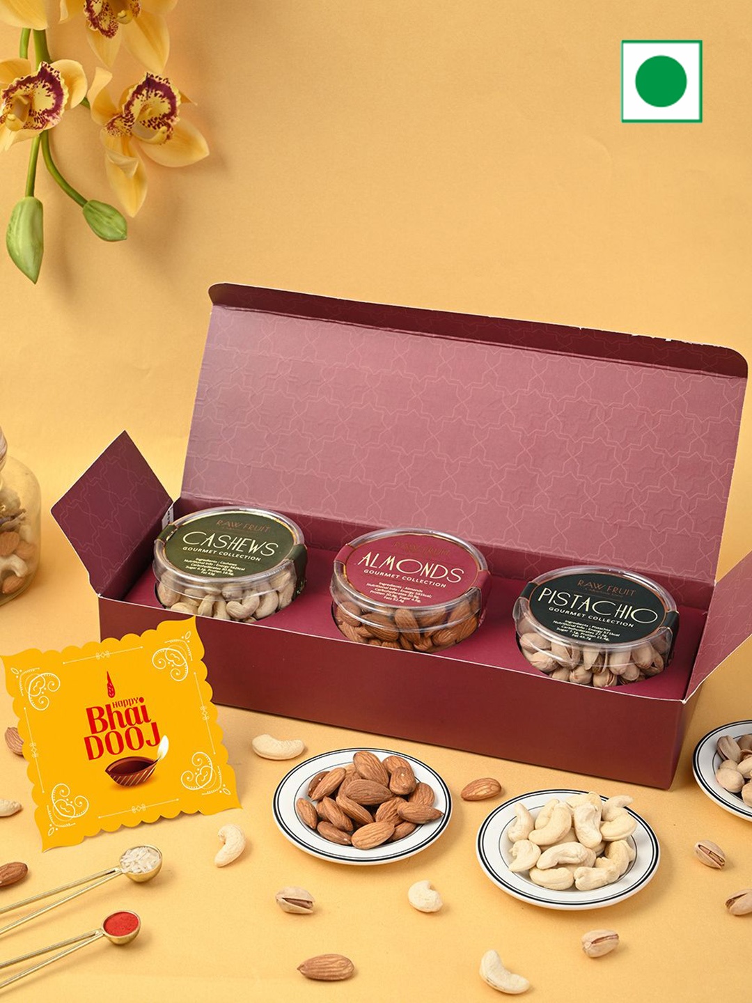 

RawFruit Bhai Dooj Dry Fruit Gift Pack With Roli Chawal, Maroon