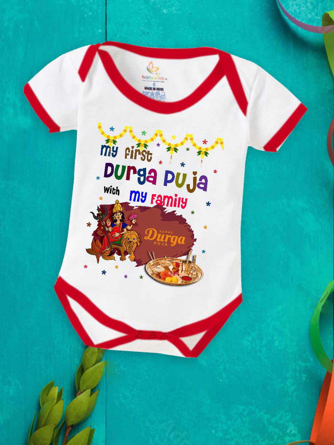 

Babywish Unisex Navaratri Special Printed Cotton Bodysuit, White