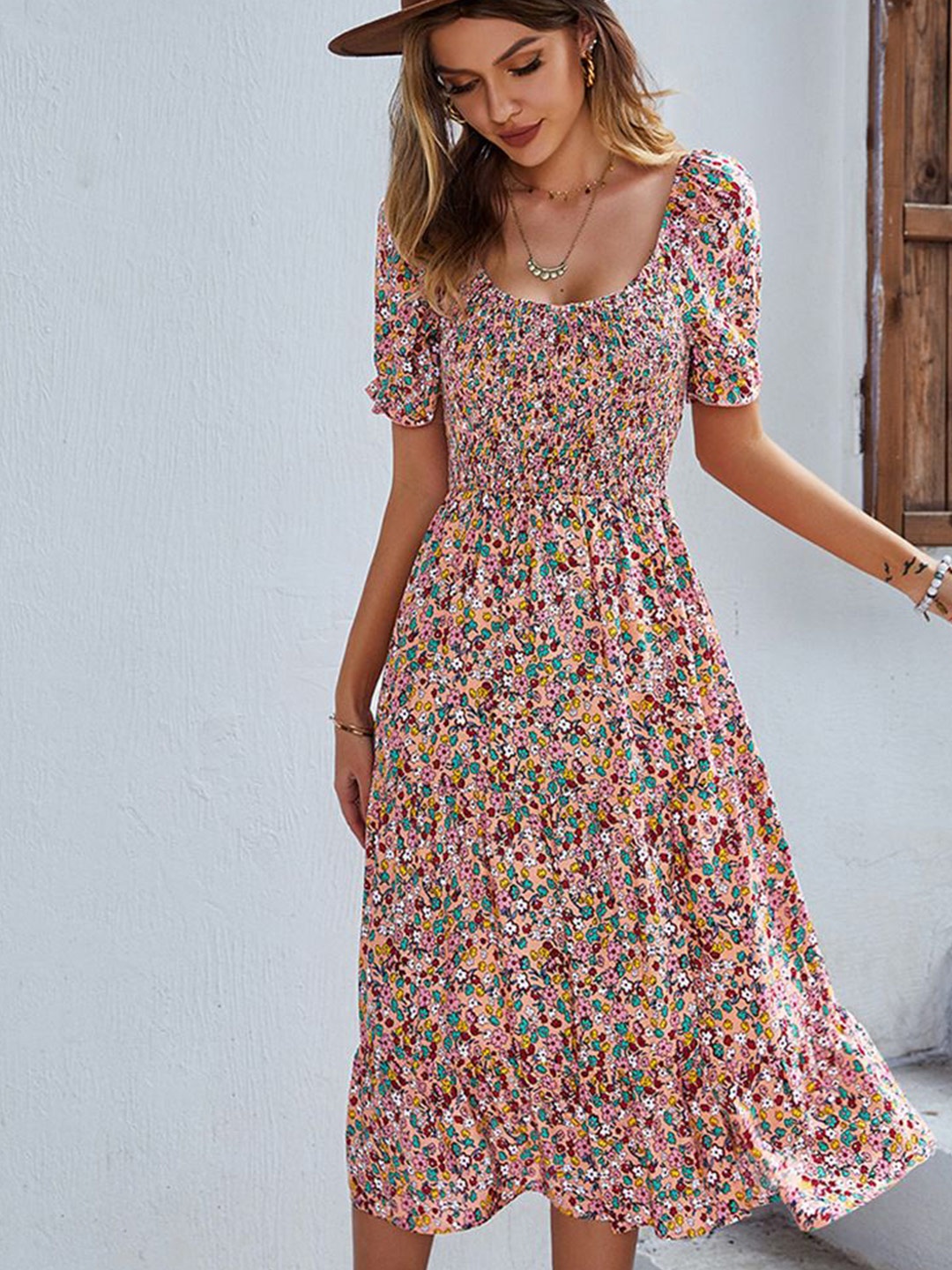 

StyleCast Women Puff Sleeves Floral Print Fit and Flare Midi Dress, Pink