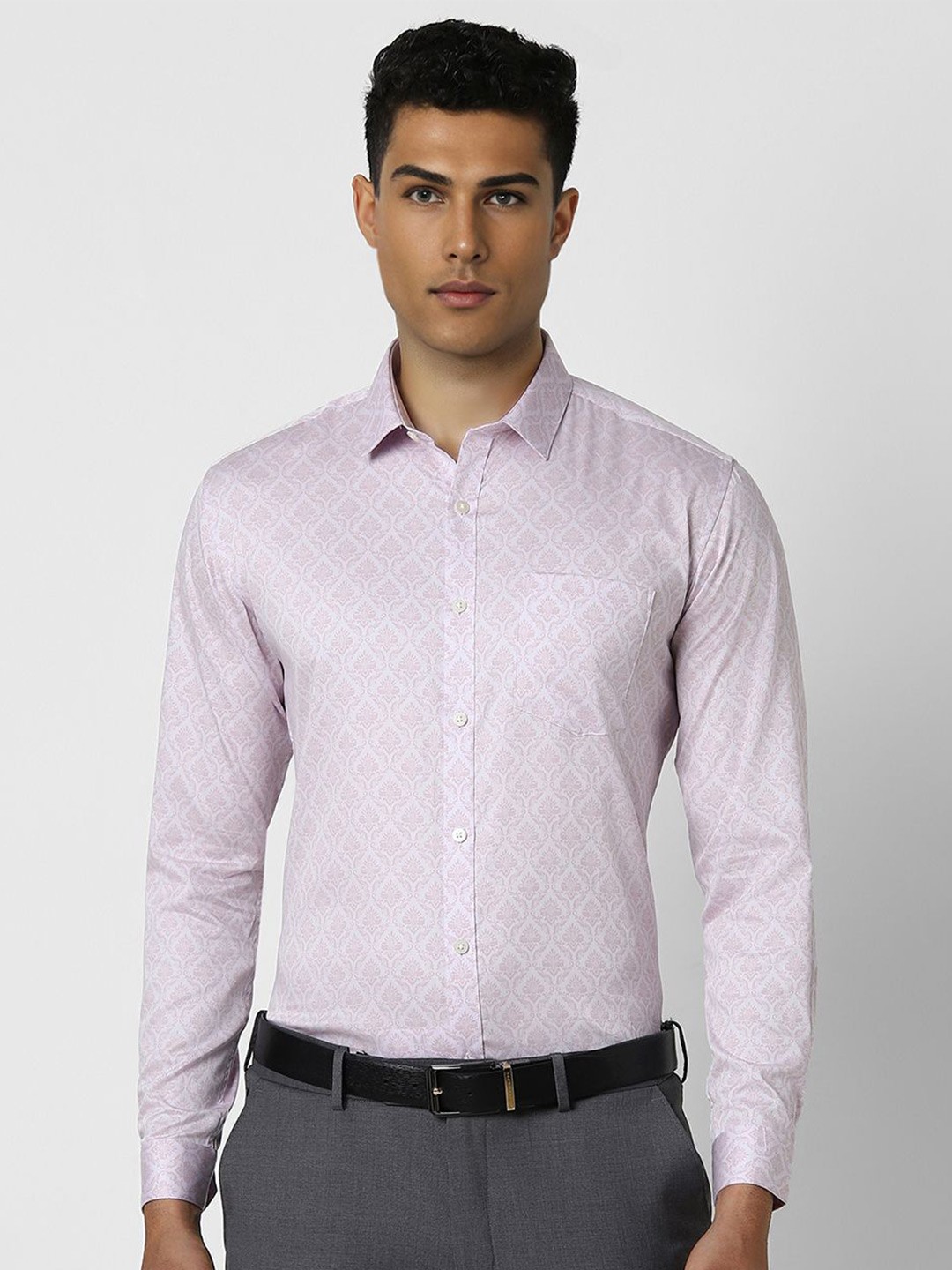 

V Dot Men Spread Collar Ethnic Motifs Printed Cotton Slim Fit Formal Shirt, Lavender