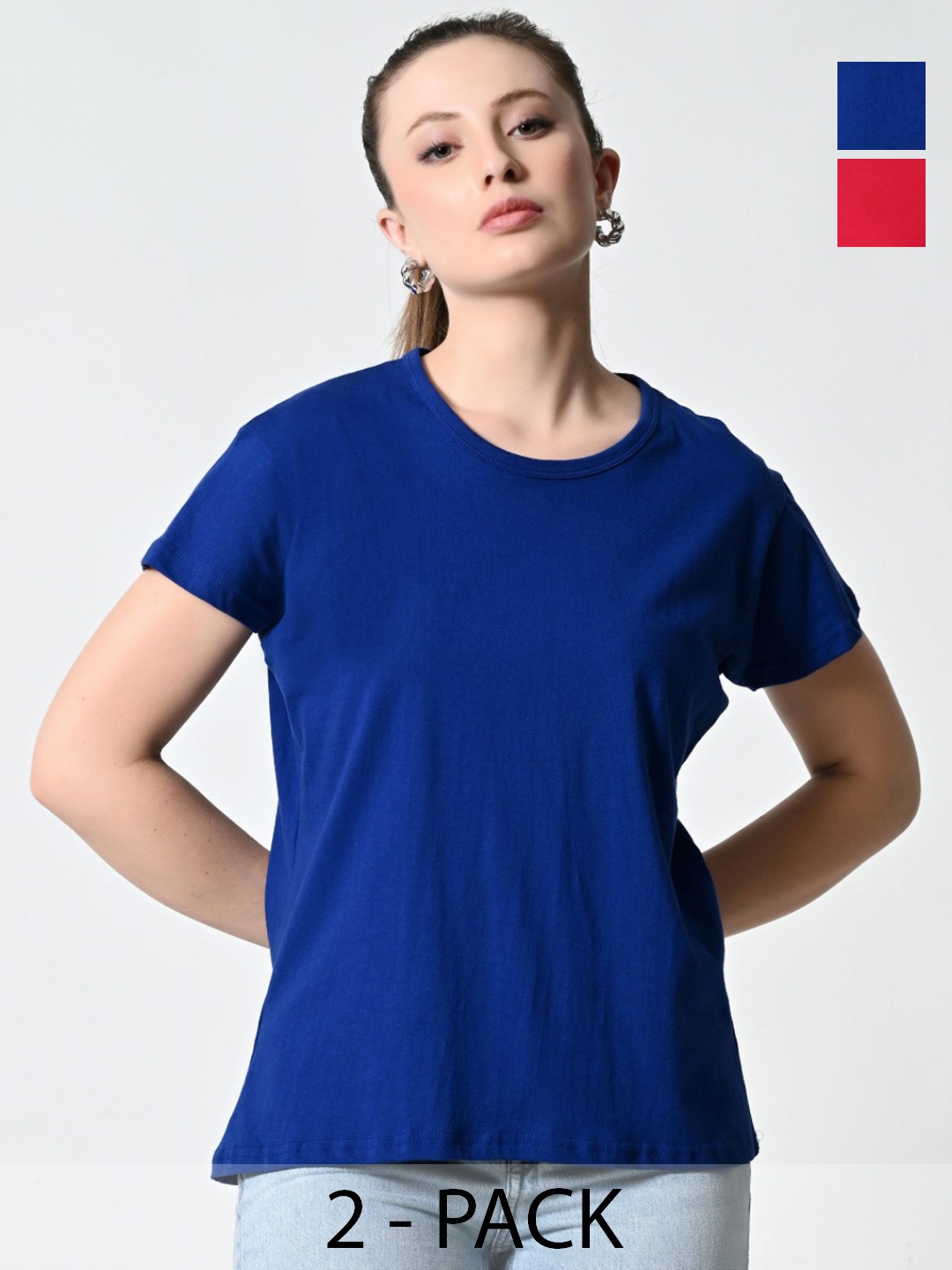 

BAESD Women Pack Of 2 Solid Round Neck Cotton T-shirts, Blue
