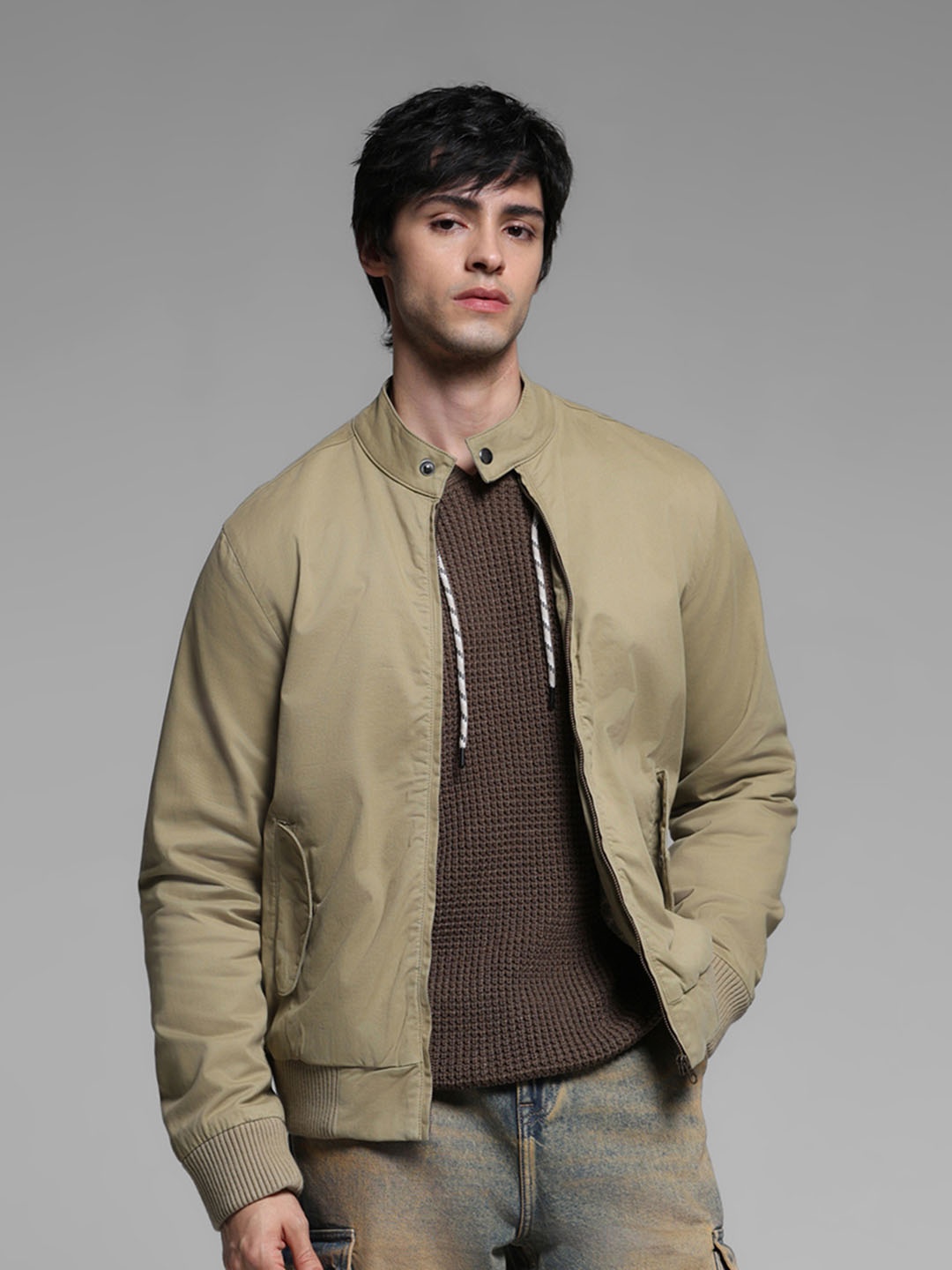 

Jack & Jones Men Mock Collar Solid Cotton Casual Bomber Jacket, Olive