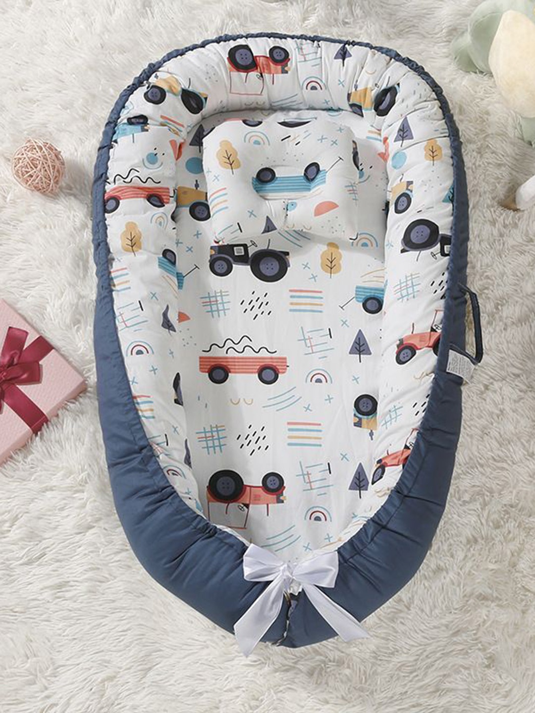 

Babymoon Kids Printed Cotton Bed With Pillow Baby Bed Set, Blue