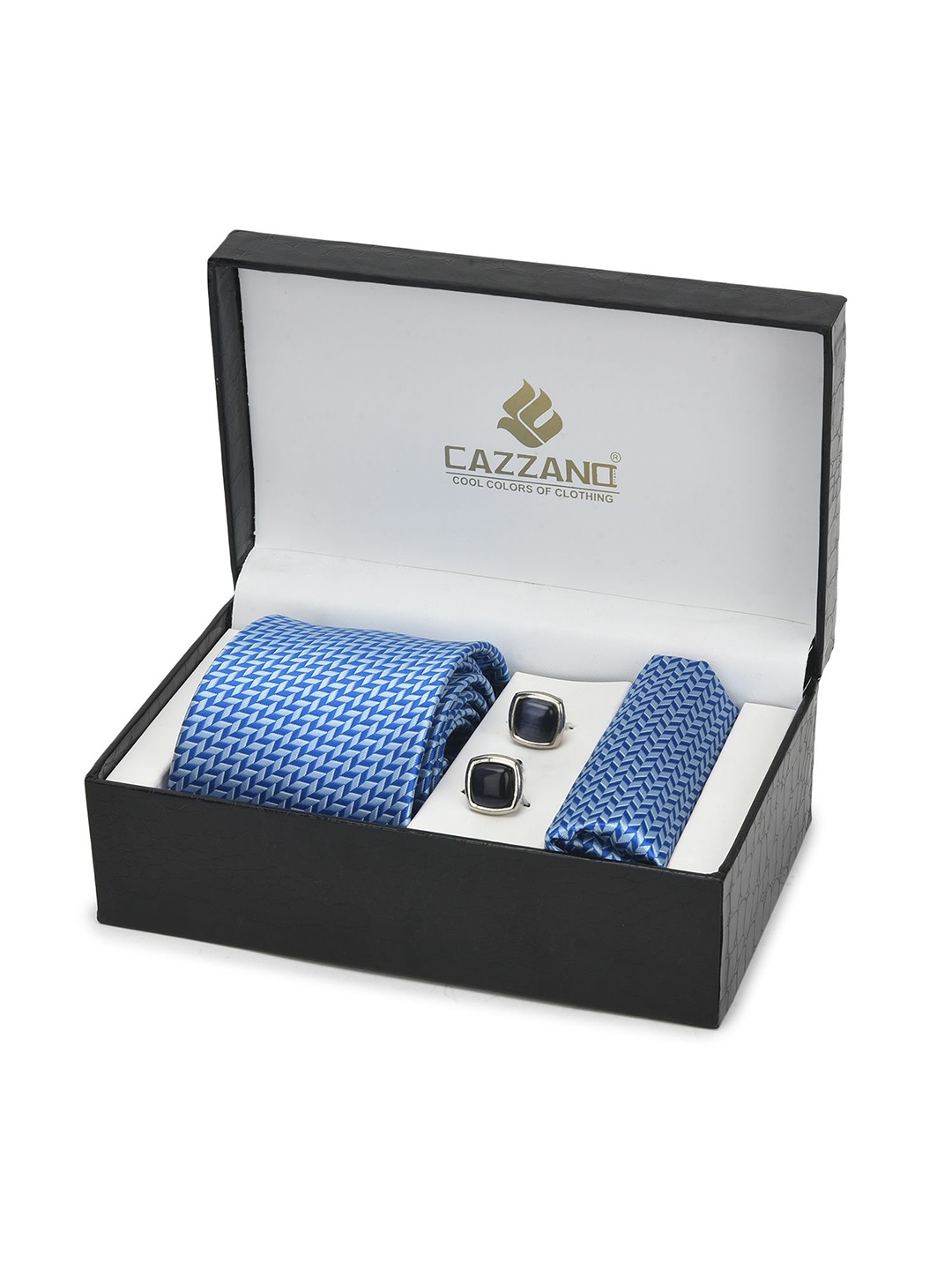 

Cazzano Men Geometric Embroidered Slim Tie Cufflinks & Pocket Square Accessory Gift Set, Blue