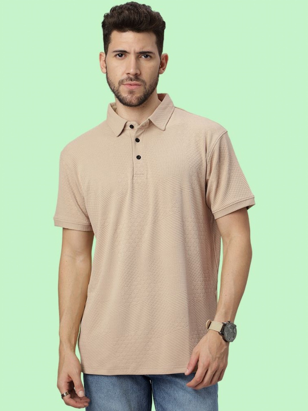 

Wear Your Opinion Men Self Design Polo Collar T-shirt, Beige