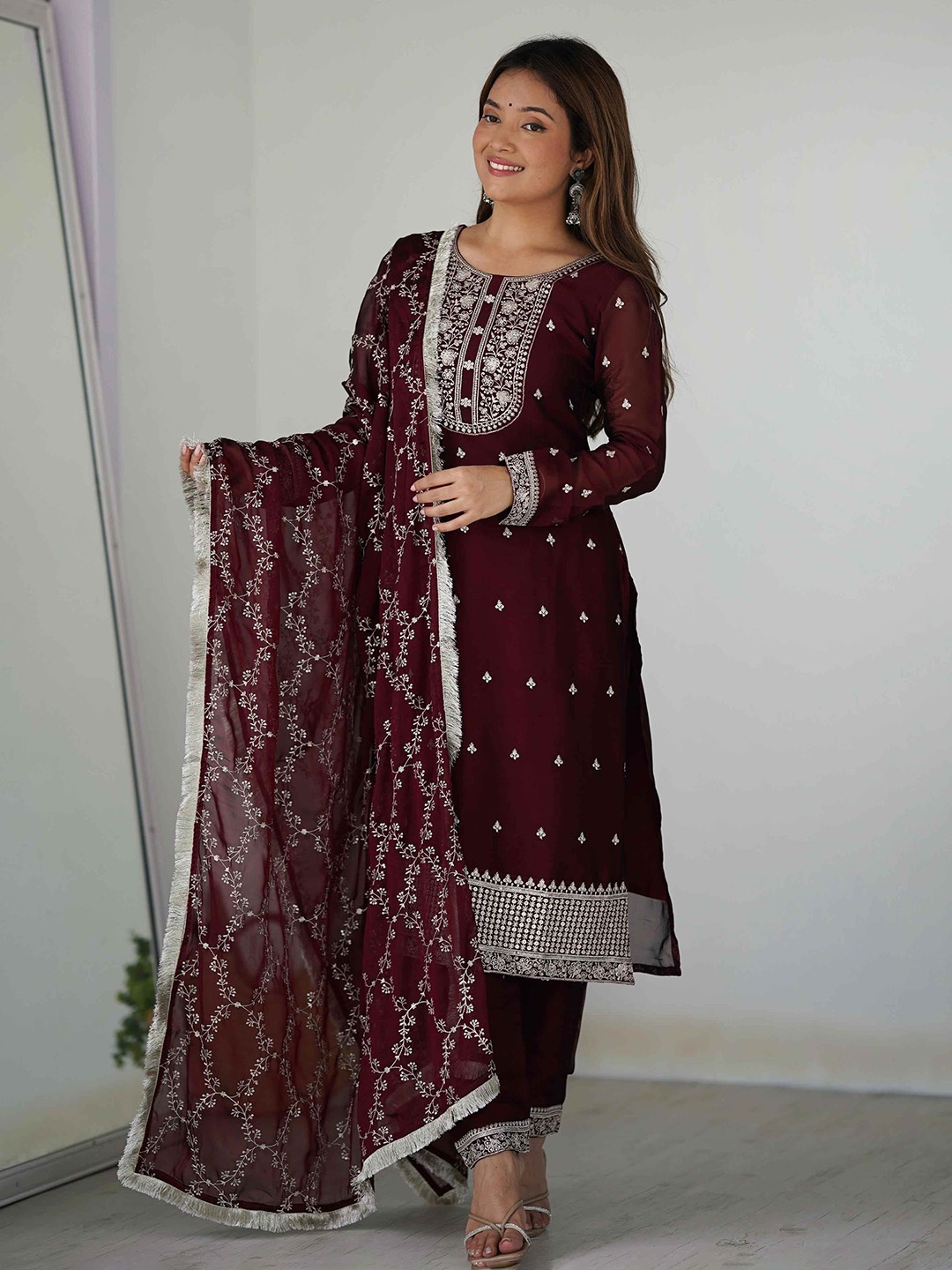 

Tanhai Ethnic Motifs Embroidered Kurta With Trousers & Dupatta, Maroon
