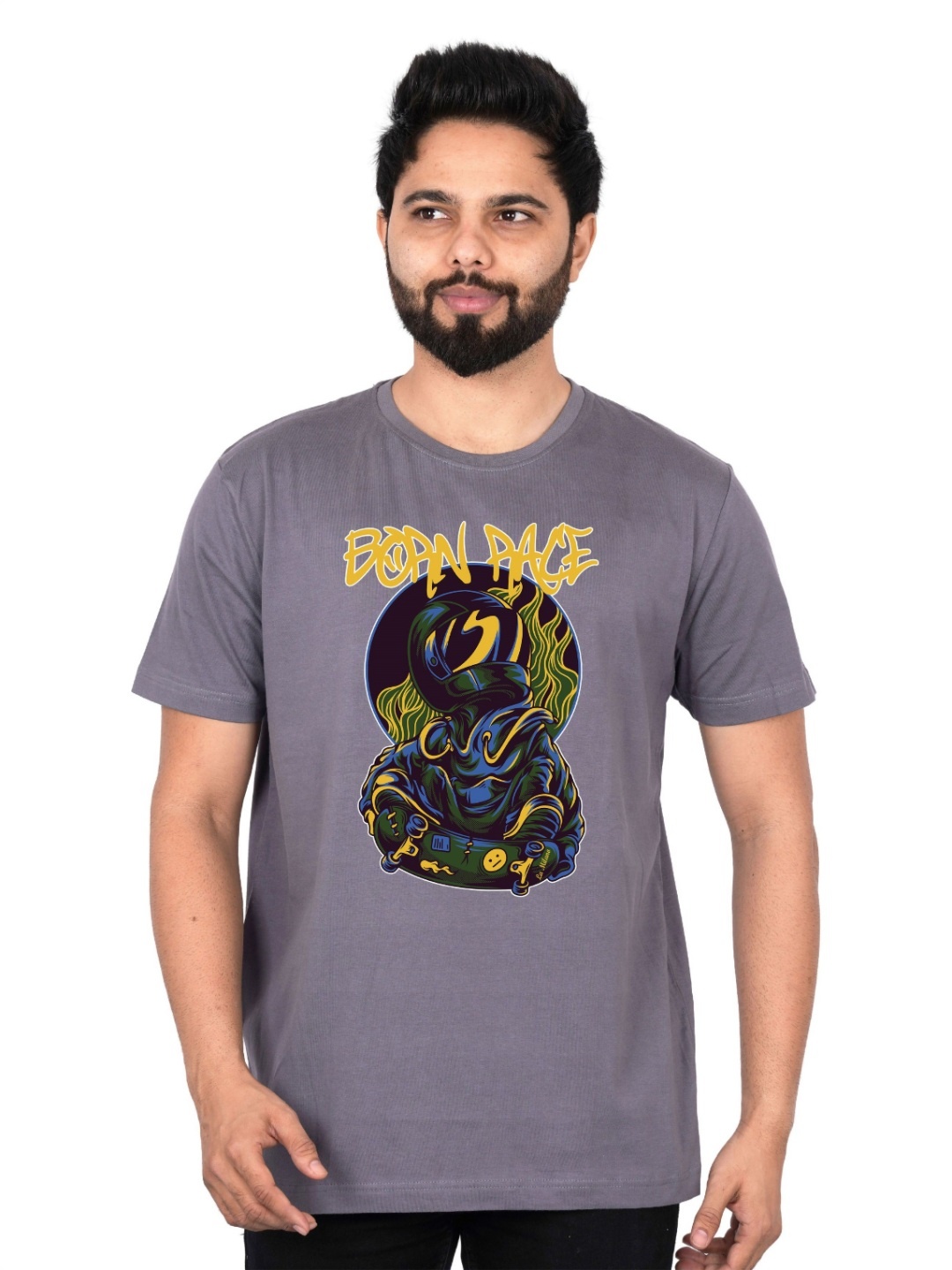 

LA MILANO Men Graphic Printed Round Neck Pure Cotton Slim Fit T-shirt, Grey
