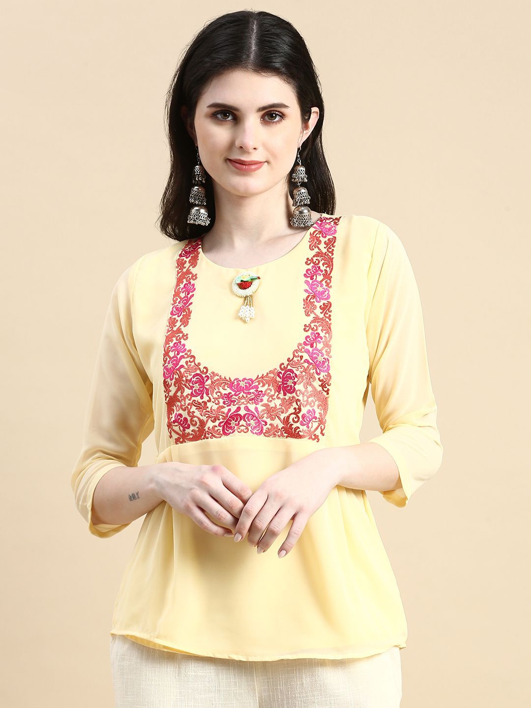 

GRANTH FASHION Women Ethnic Motifs Printed Round Neck Top, Yellow