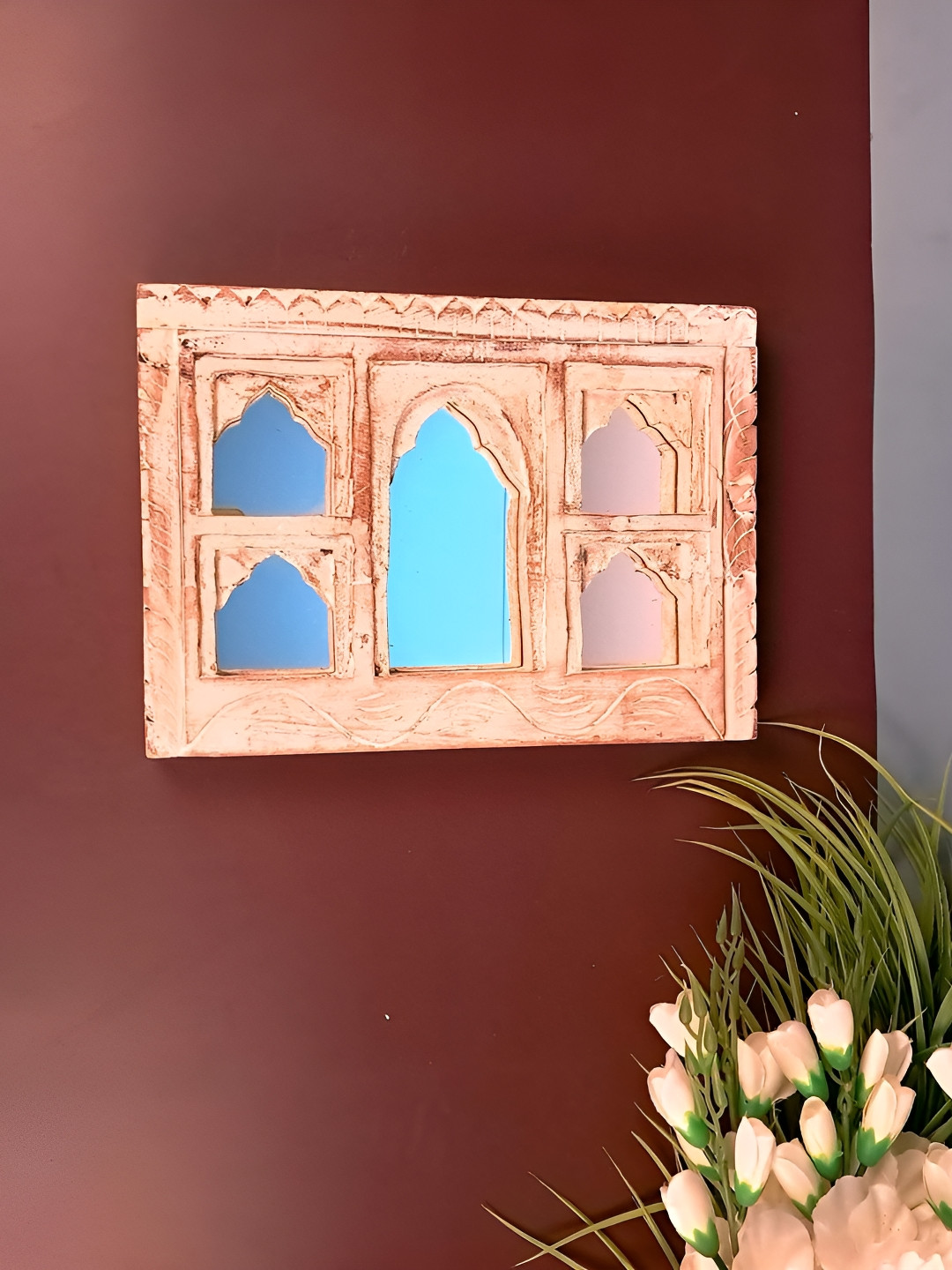 

apka mart Beige Square Shaped Wooden Jharokha Frame With Mirror Wall Decor