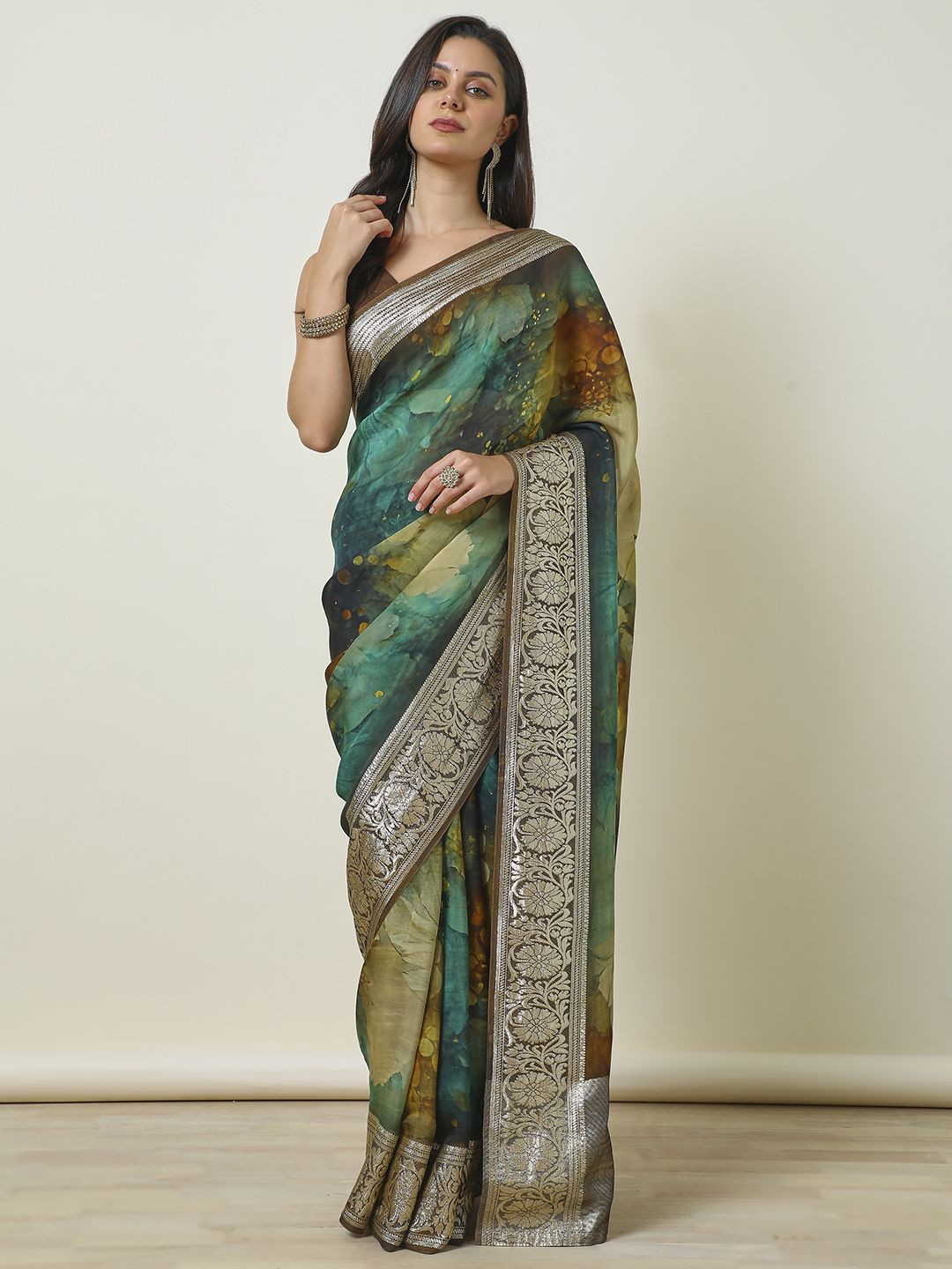 

Soch Floral Printed Woven Design Zari Saree, Teal