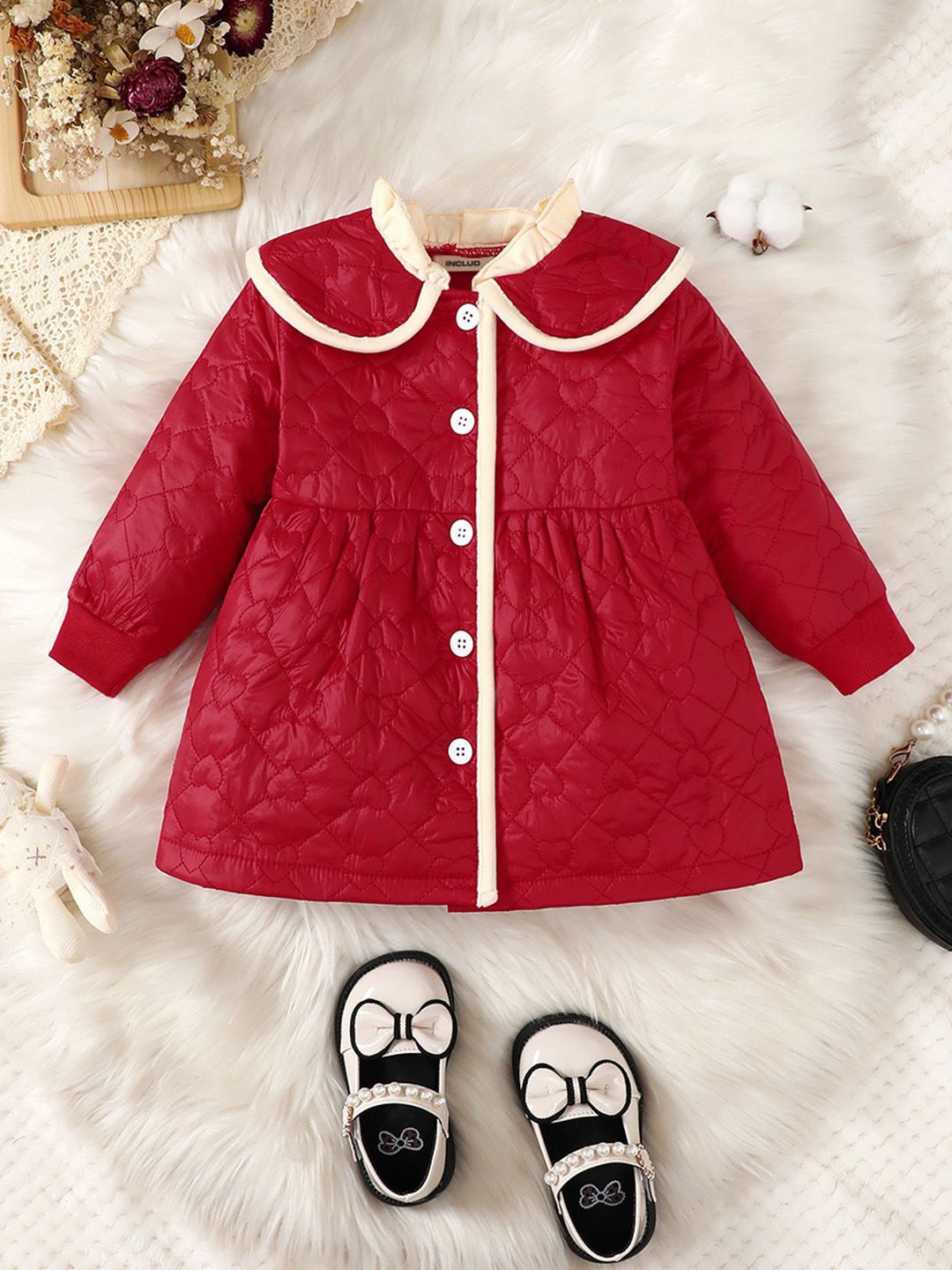 

INCLUD Girls Spread Collar Solid Casual Quilted Jacket, Maroon