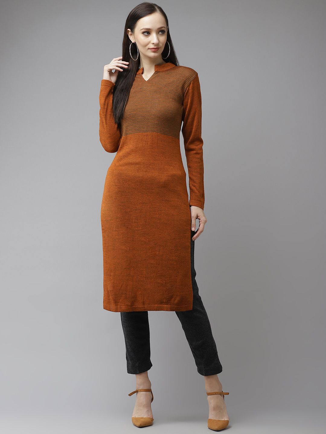 

Cayman Woven Design Long Sleeves Mandarin Collar Straight Woolen Kurta, Rust