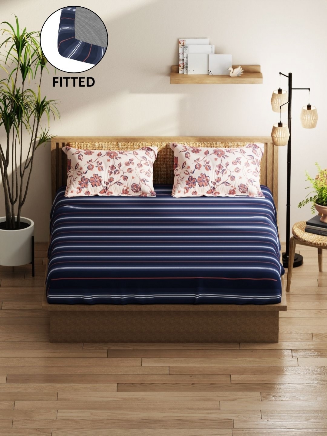 

KOPA Blue Floral 152 TC Microfiber Fitted Queen Bedsheet Set 1.68 m x 1.98 m x 25 cm