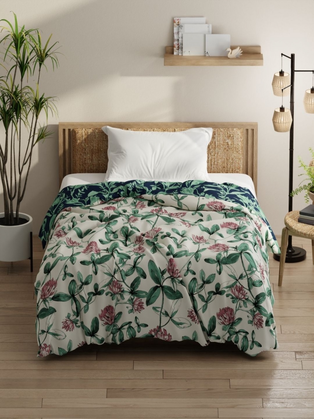 

KOPA Pink & Green Floral Printed Microfiber AC Room 150 GSM Single Bed Comforter