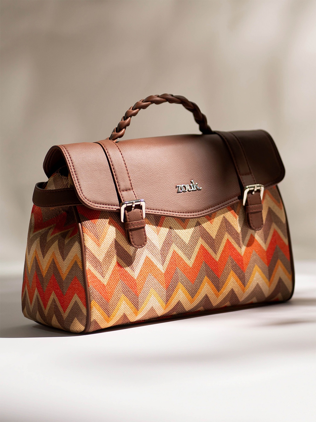 

ZOUK Women Geometric Printed Satchel Bag, Brown