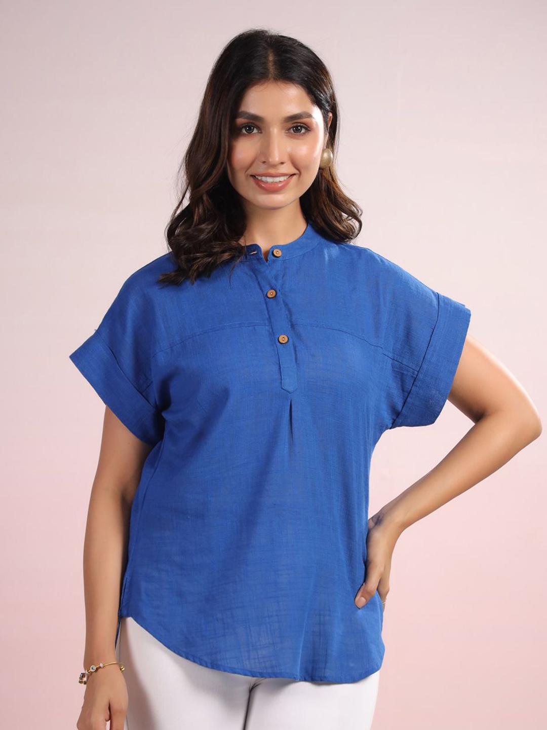 

LYFJ Women Solid Mandarin Collar Cotton Top, Blue