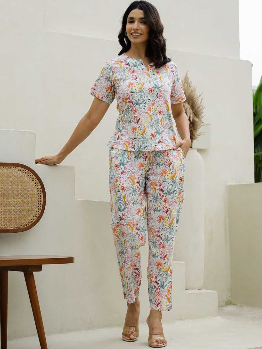 

FLAVIA CREATION Women Printed Top With Trousers Co-Ords, White