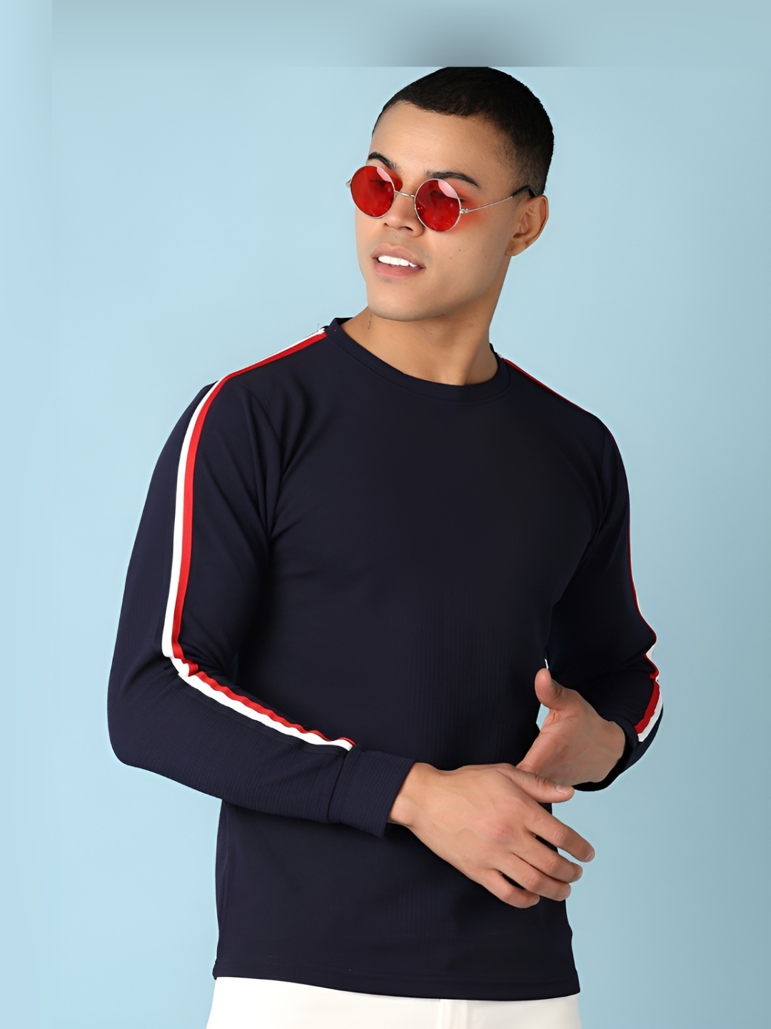 

V-Mart Men Striped Round Neck Cotton Slim Fit T-shirt, Navy blue