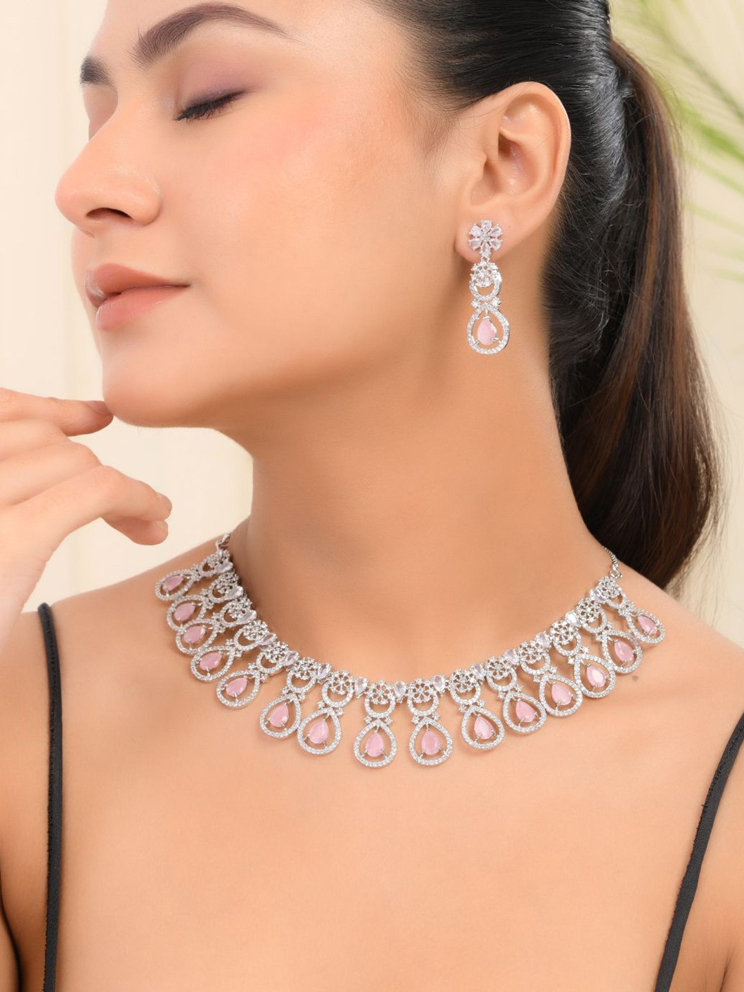 

Silvermerc Designs Silver-Plated American Diamond-Studded Necklace & Earrings
