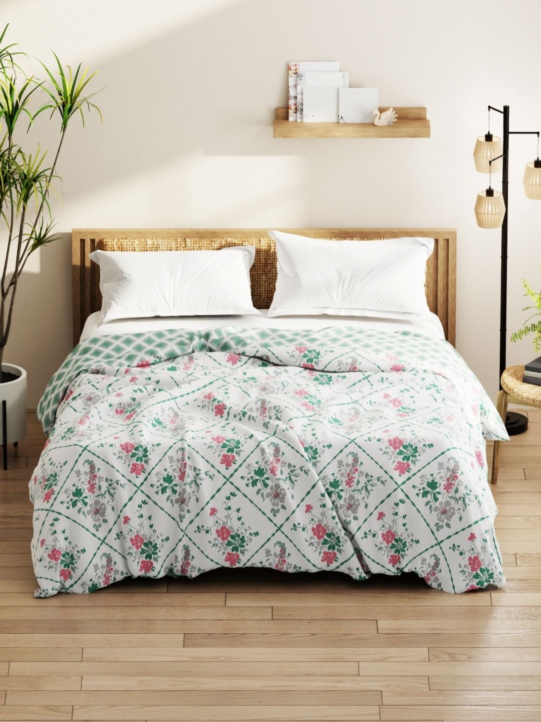 

KOPA White & Green Floral Printed Microfiber AC Room 150 GSM Double Bed Comforter