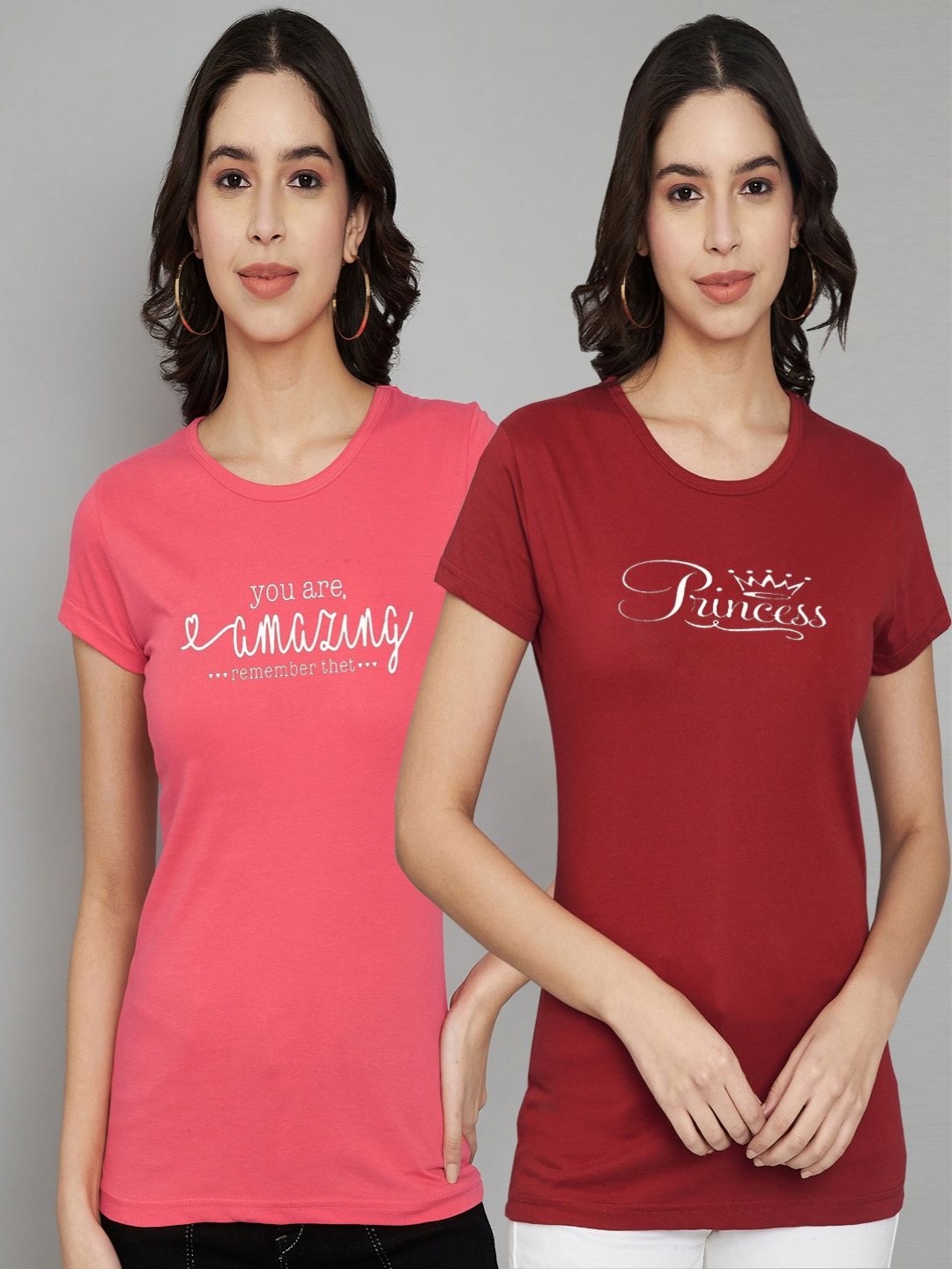 

Trend Level Women Pack Of 2 Typography Printed Round Neck Cotton T-shirts, Coral